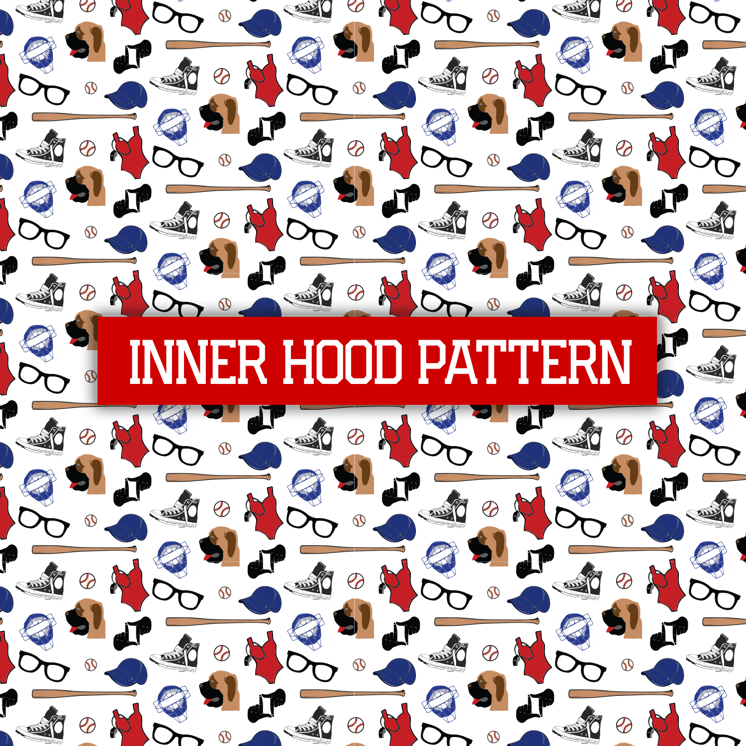 Patterned design with various items like hats, glasses, and bats on a white background with 'Inner Hood Pattern' text.