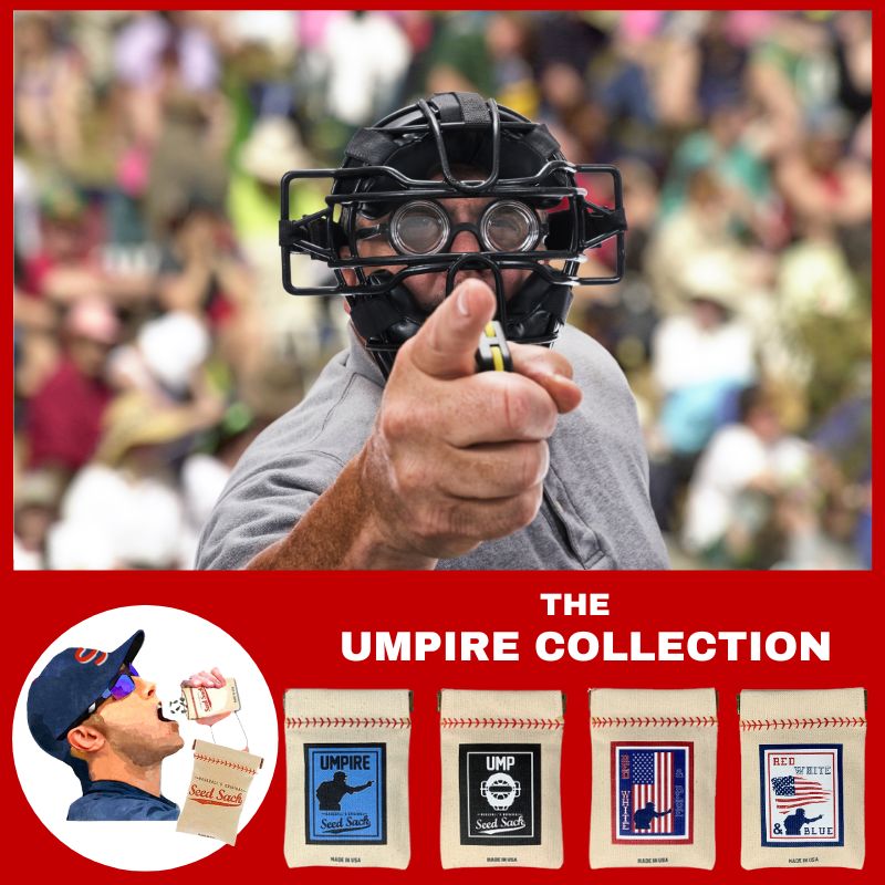 Collection of Person wearing an umpire mask with a crowd in the background, featuring 'The Umpire Collection' on a red banner. in a gallery layout
