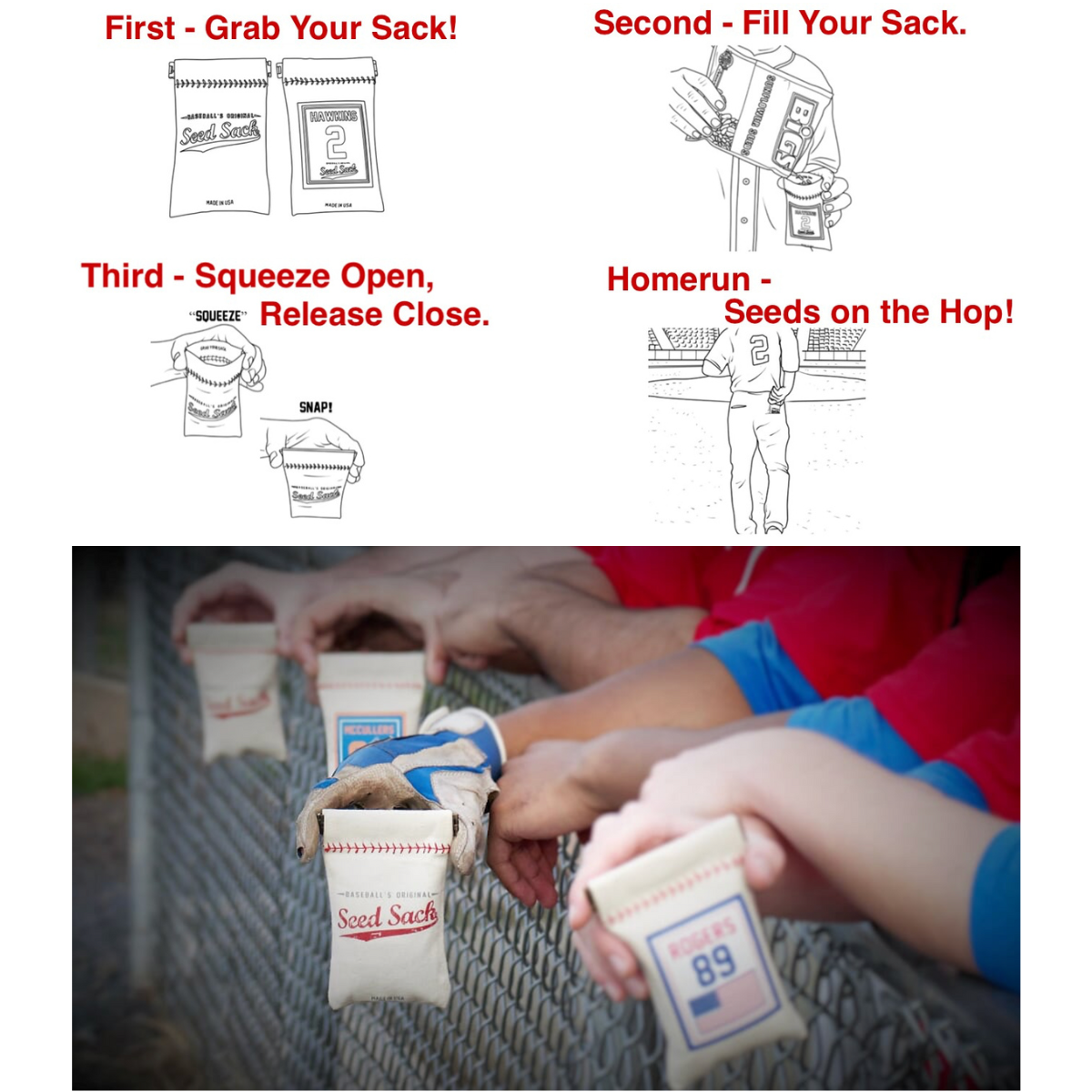 Seed Sack Small bag filled with seeds  Instructions for using a seed packet with a visual of hands holding the packet - Baseball Mode