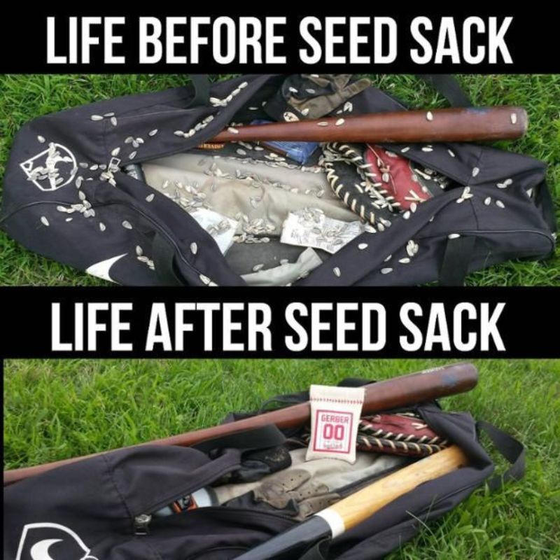 Comparison of a seed sack before and after use with text 'Life Before Seed Sack' and 'Life After Seed Sack'.