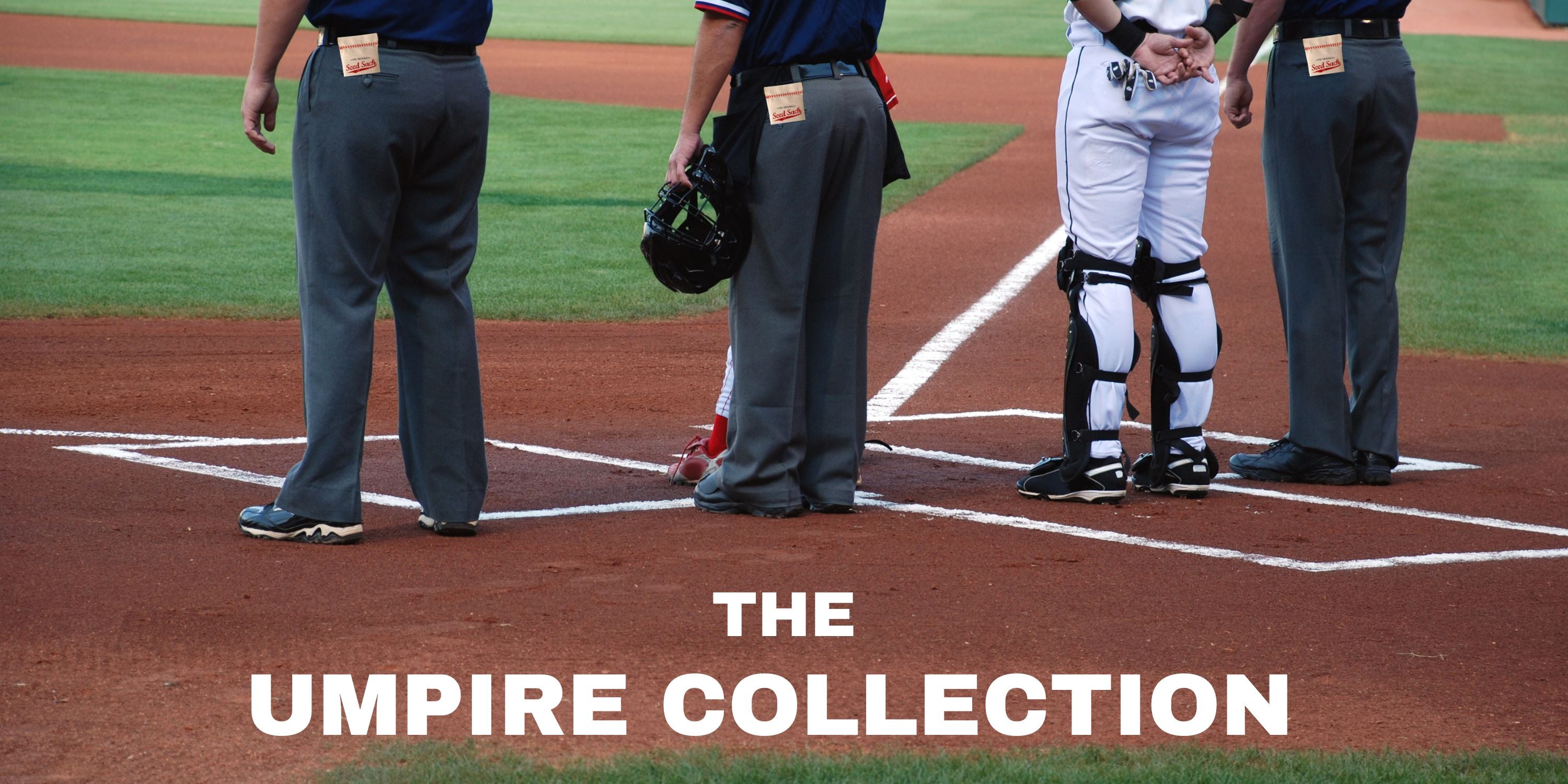 Collection of Baseball players and umpires on a field with 'The Umpire Collection' text overlay. in a gallery layout