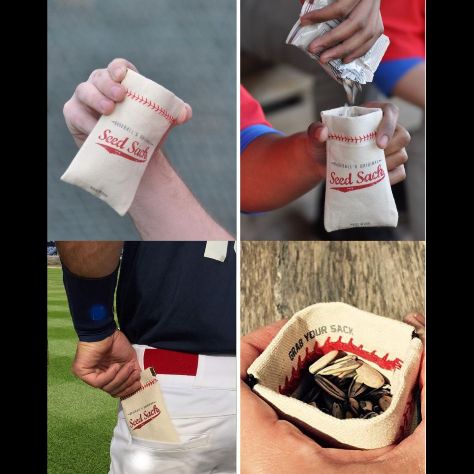 Collage of images showing a 'Seed Sack' product being held and used.