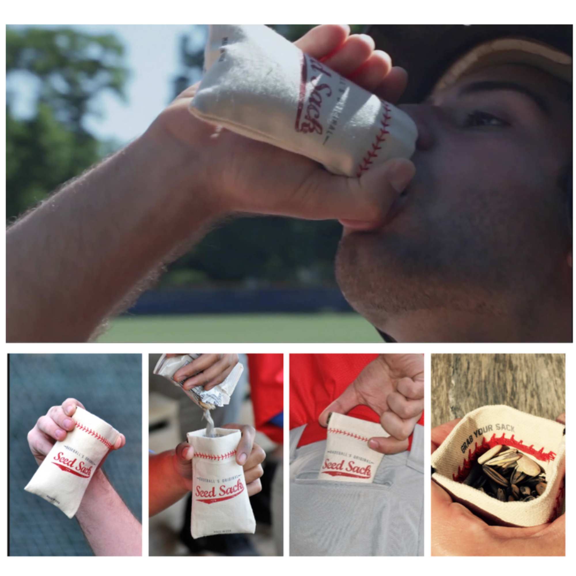 Collection of Seed Sack Collage of images showing a person using a 'Seed Sac' product - Baseball Mode in a gallery layout