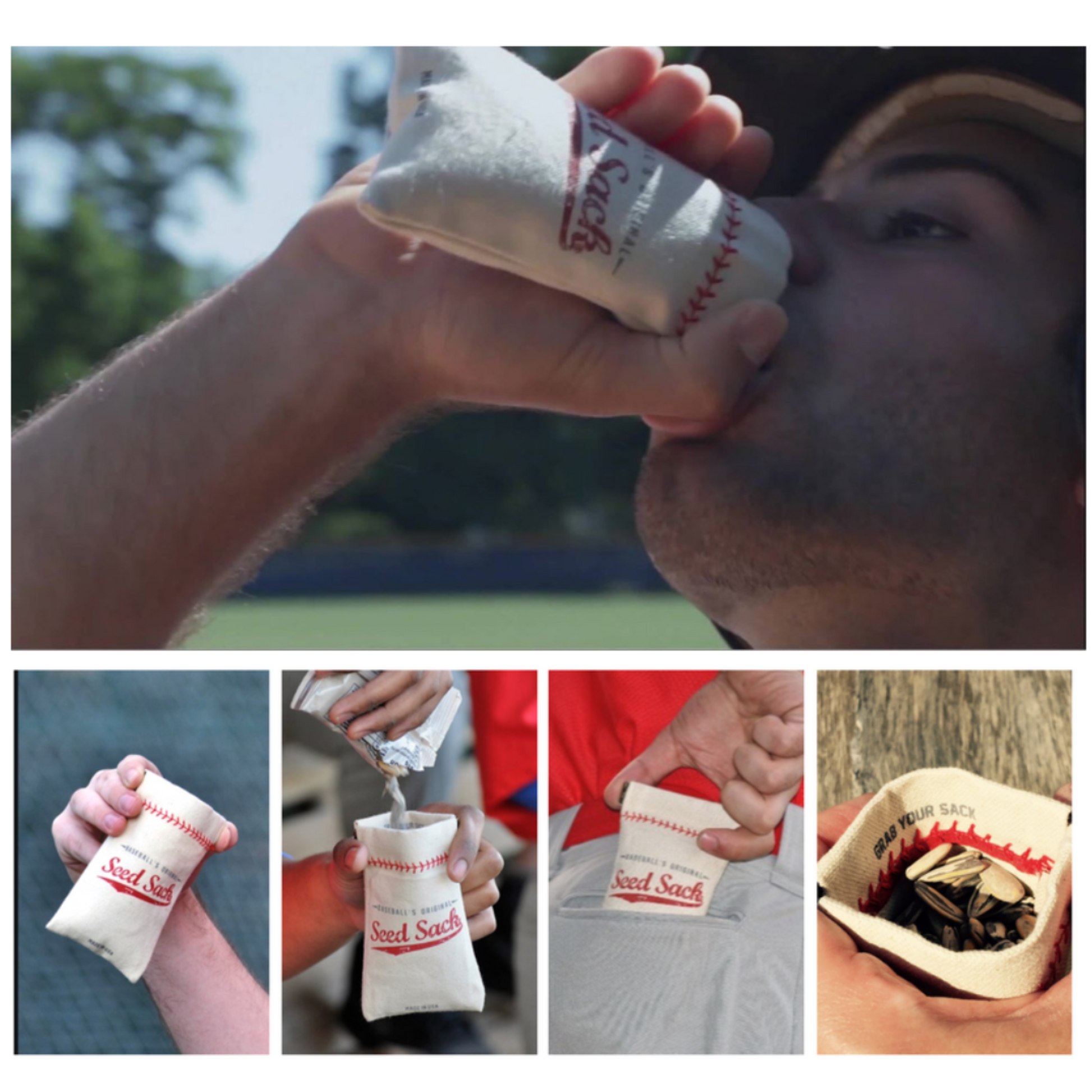 Seed Sack Collage of images showing a person using a 'Seed Sac' product - Baseball Mode
