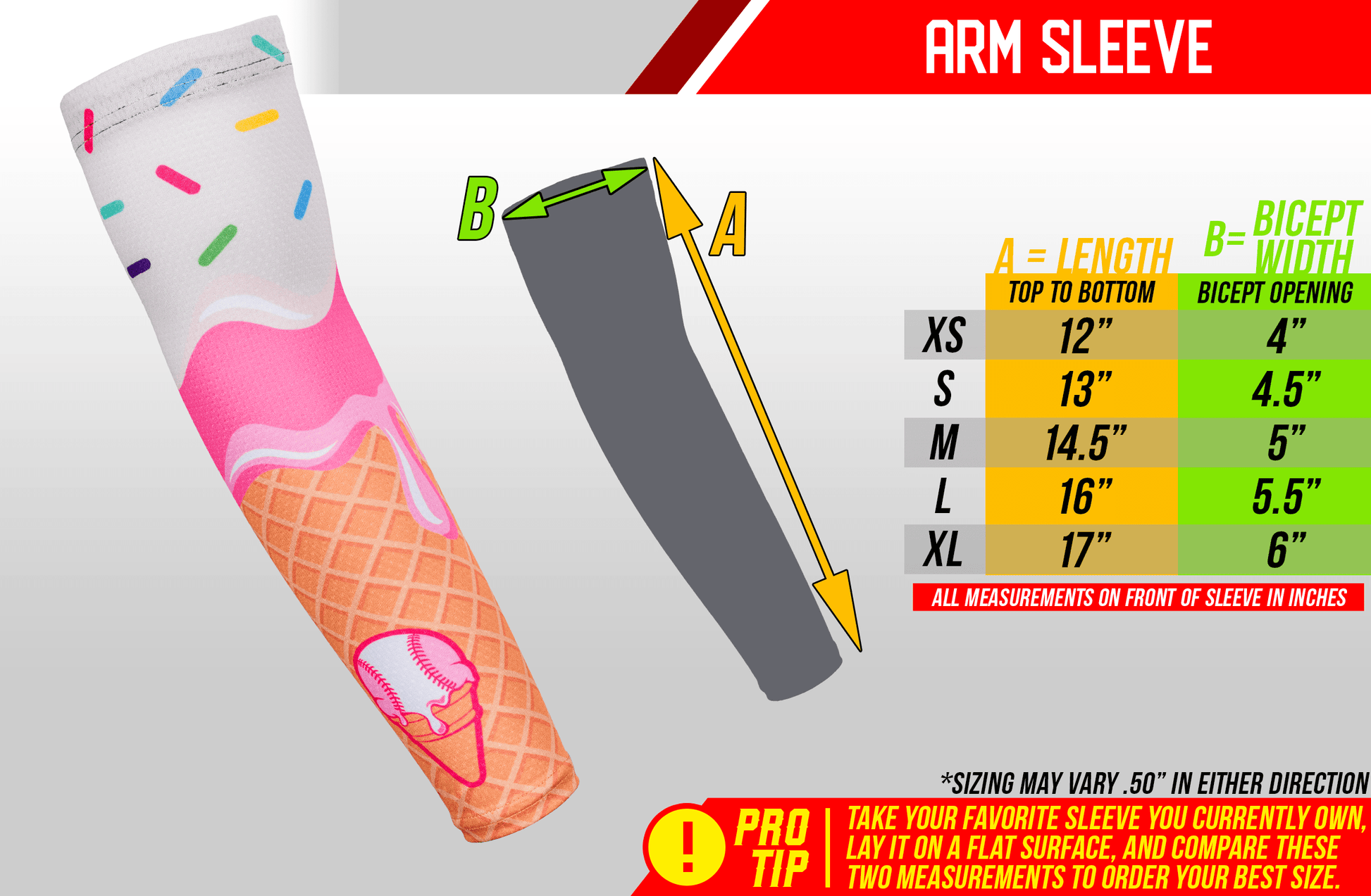Ice cream-themed arm sleeve with size chart on a gray background
