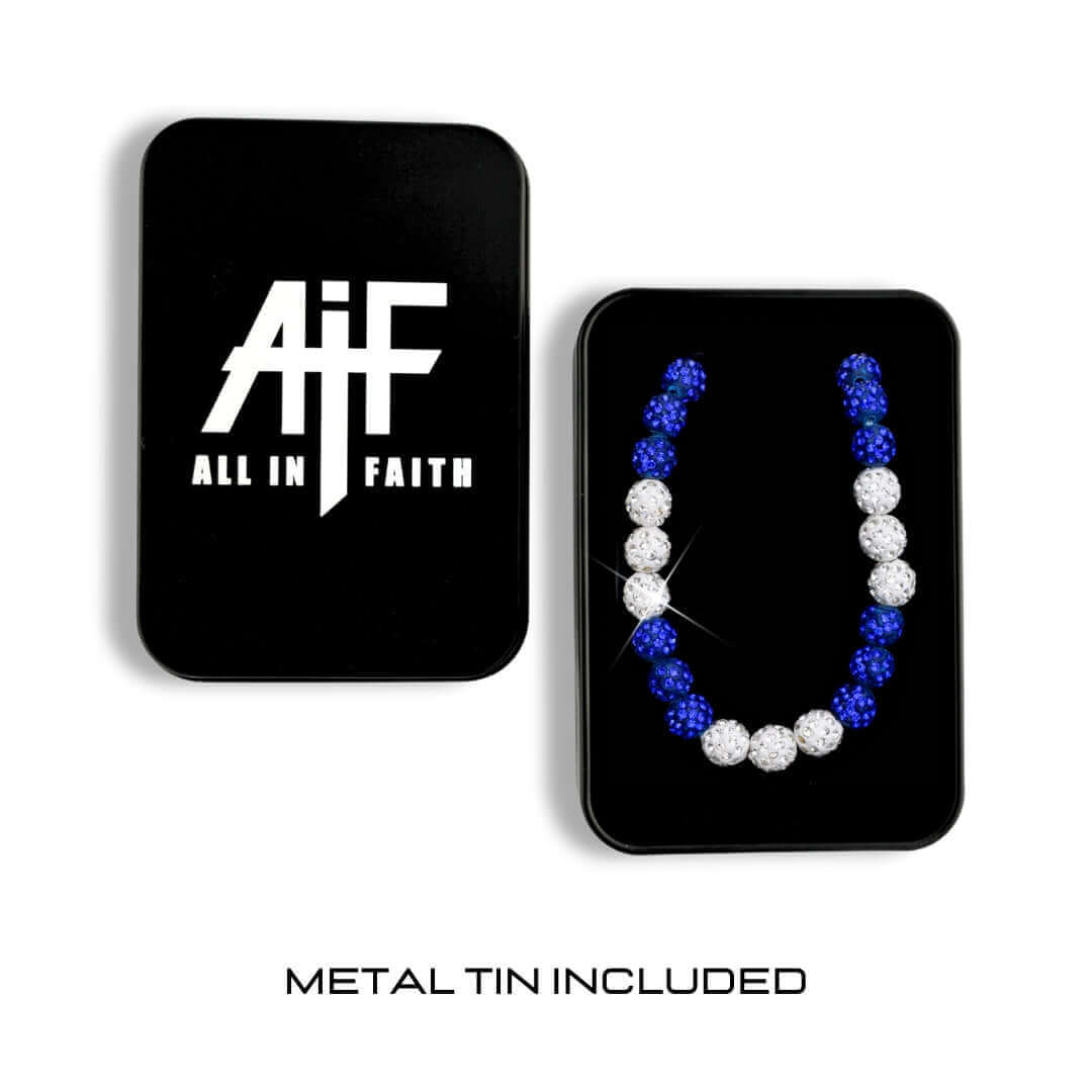 Black card with 'All In Faith' logo and a baseball necklace on a white background