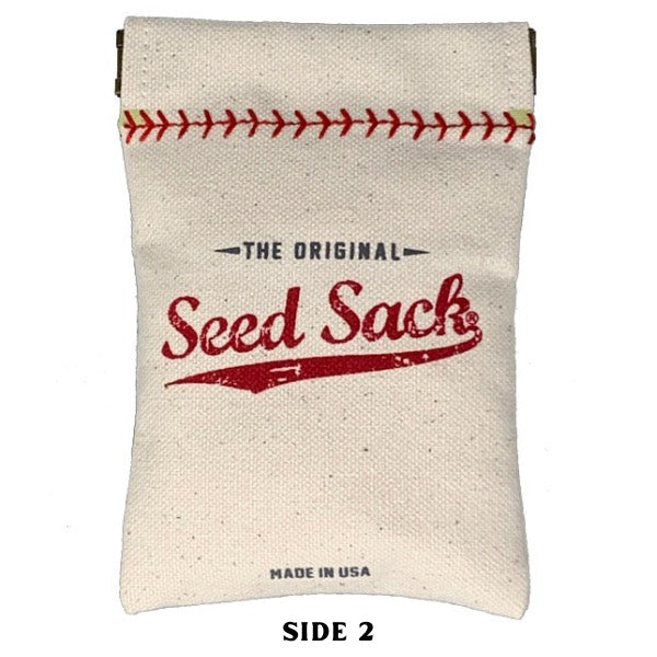 Canvas seed sack with red text on a white background