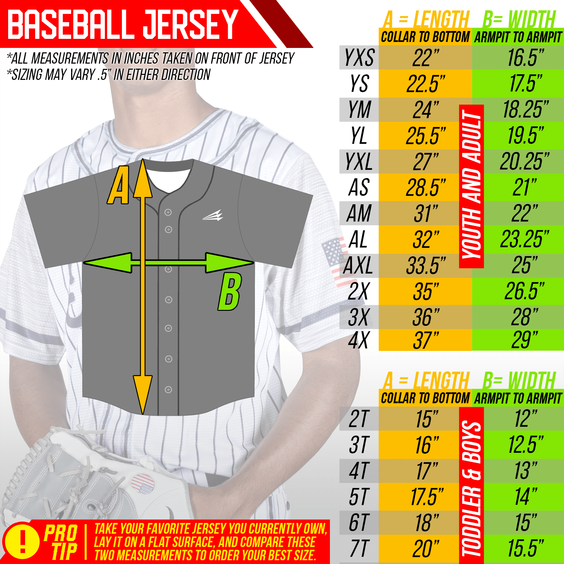Baseball jersey size chart with measurements and a person wearing a gray and white striped jersey.