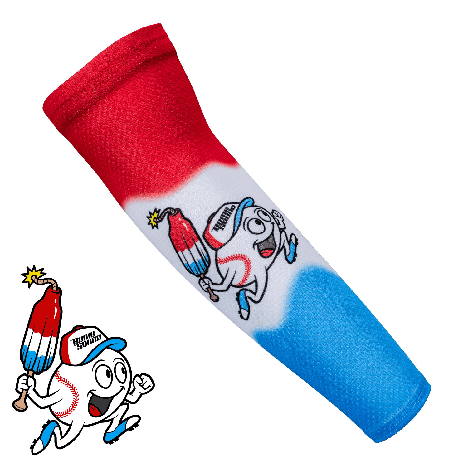 Collection of Red, white, and blue bomb squad baseball arm sleeve with cartoon character and bomb design on a white background in a gallery layout