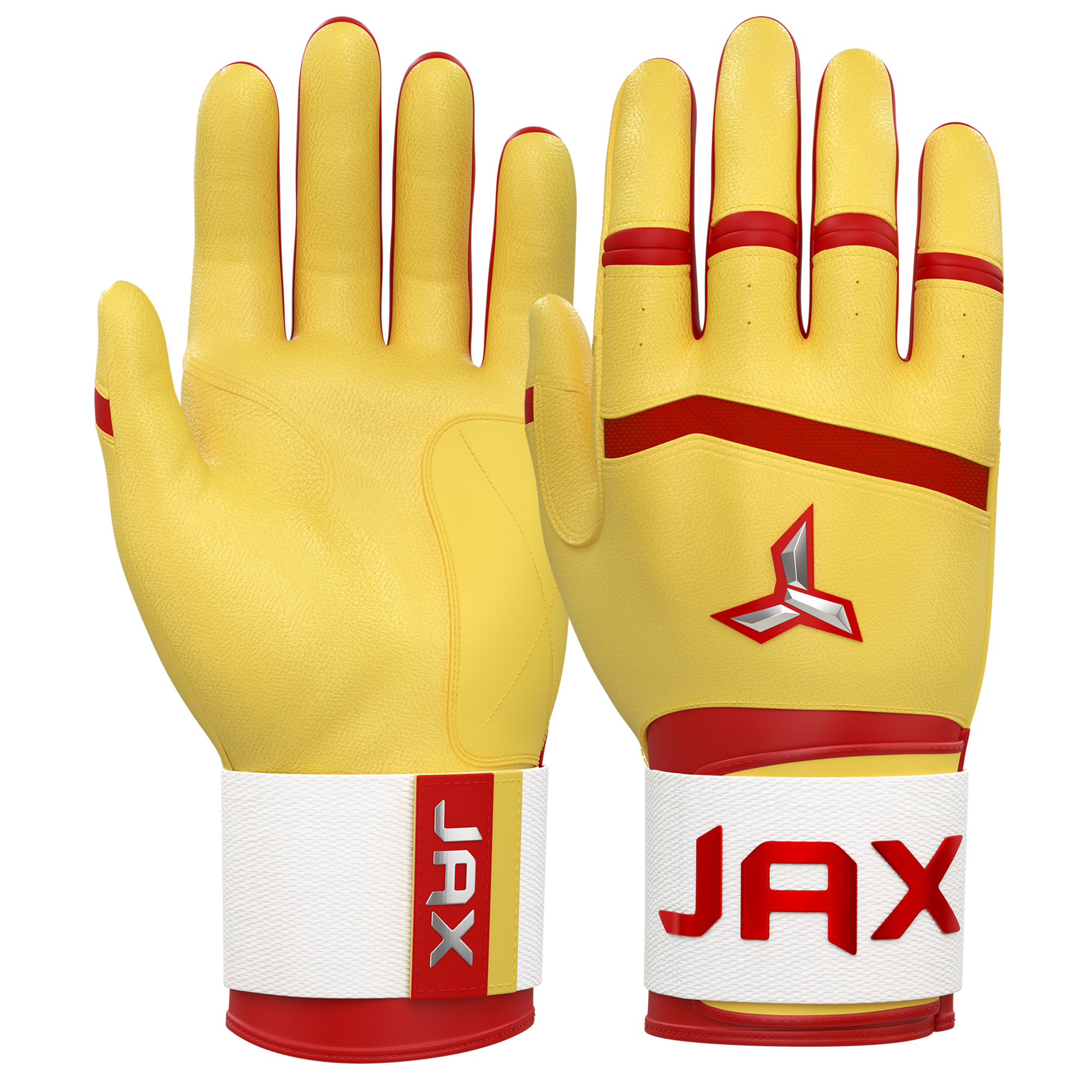 Collection of Yellow gloves with red accents and 'JAX' branding on a white background in a gallery layout