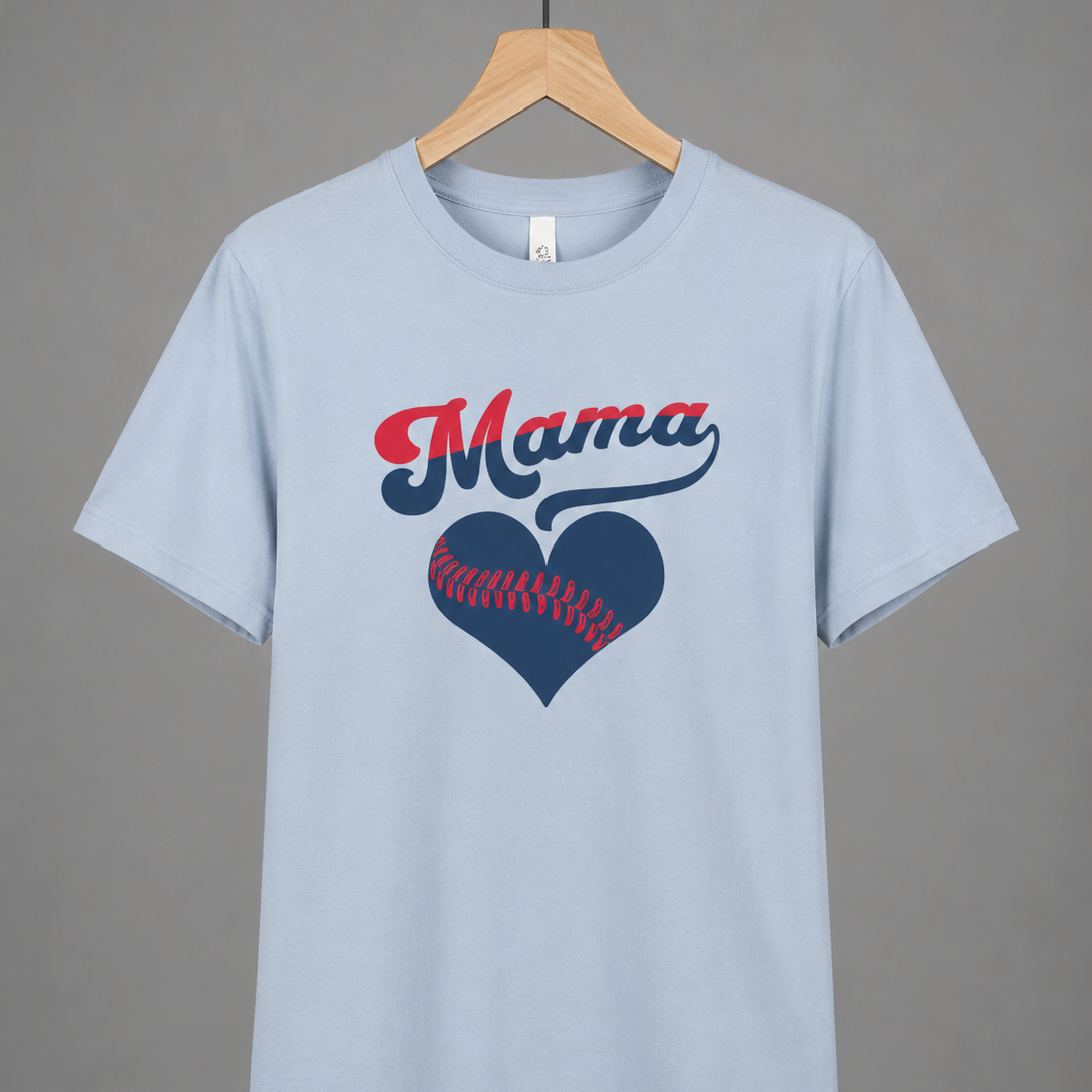 Light blue t-shirt with 'Mama' and heart design on a hanger against a gray background