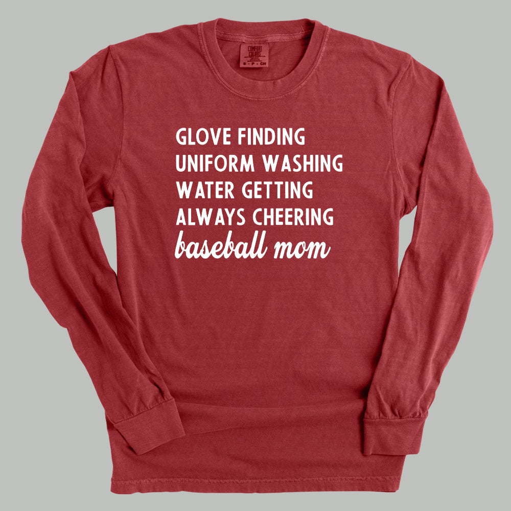 Red comfort color long-sleeve shirt with white text on a gray background