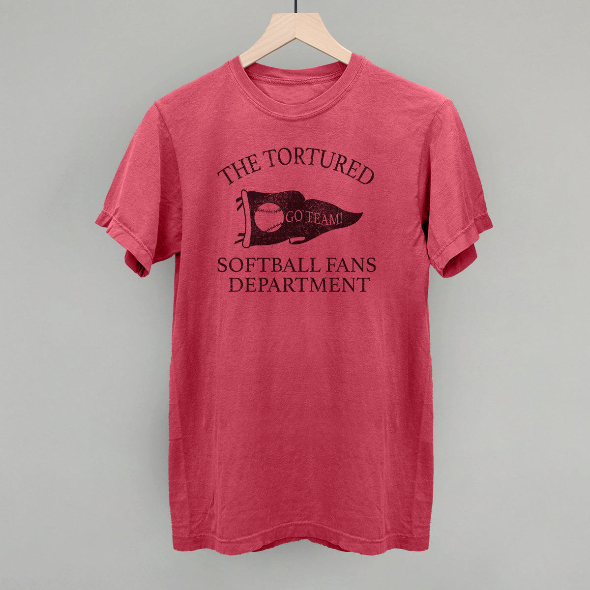 Red t-shirt with 'The Tortured Softball Fans Department' text on a gray background
