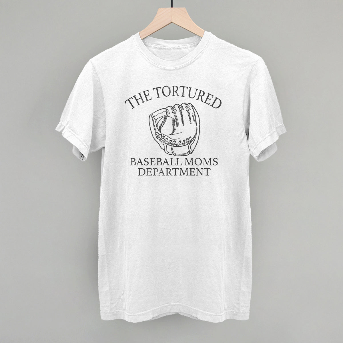 Collection of White t-shirt with 'The Tortured Baseball Moms Department' graphic on a gray background in a gallery layout