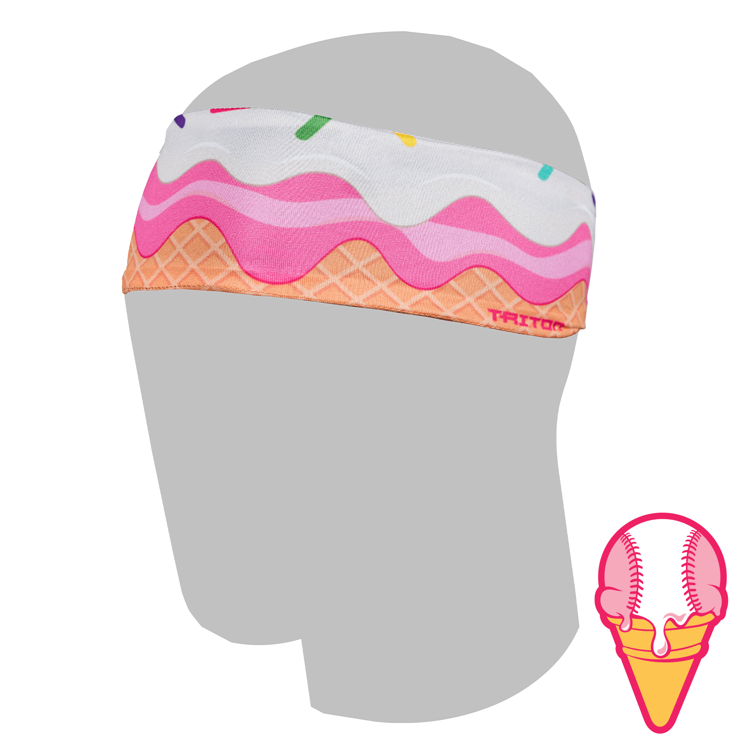 Collection of Colorful ice cream drip baseball cone headband on a mannequin head with a small inset illustration of the cap. in a gallery layout