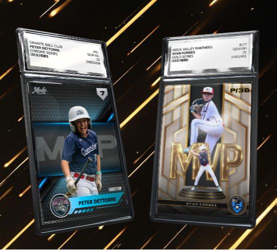 Two baseball trading cards featuring players and MVP text on a dark background with light streaks.