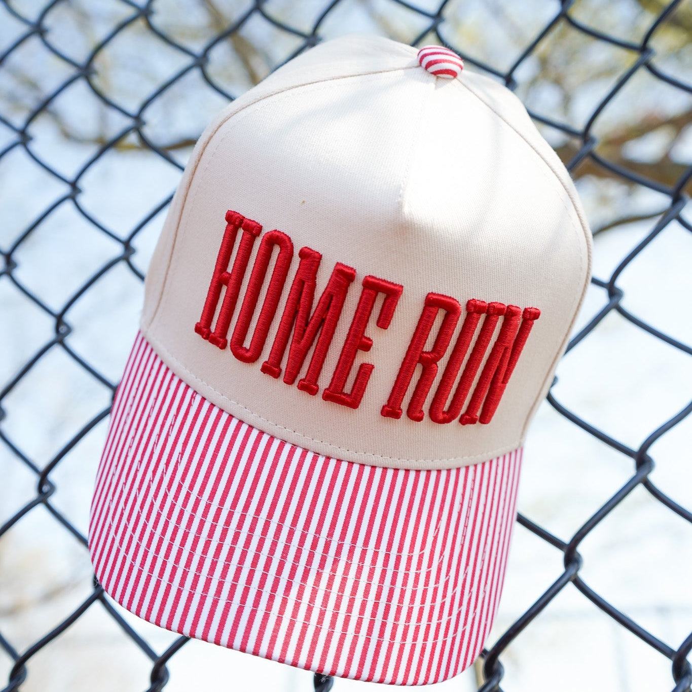 Collection of Home Run Hat | Red Striped Bill Baseball Trucker Snapback in a gallery layout