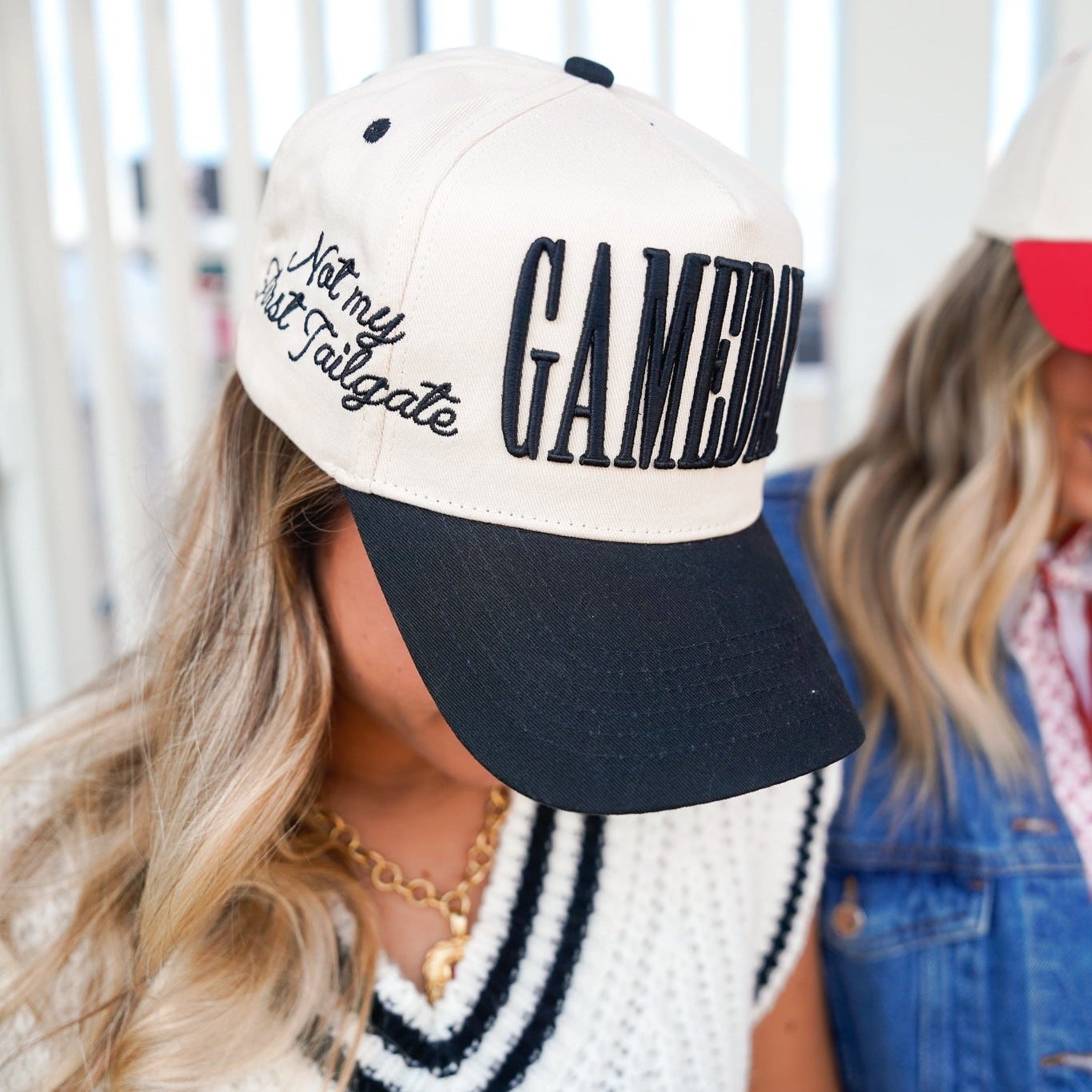 Collection of Canvas: Gameday Not My First Tailgate vintage trucker hat canvas colorway 3D puff embroidery snapback in a gallery layout