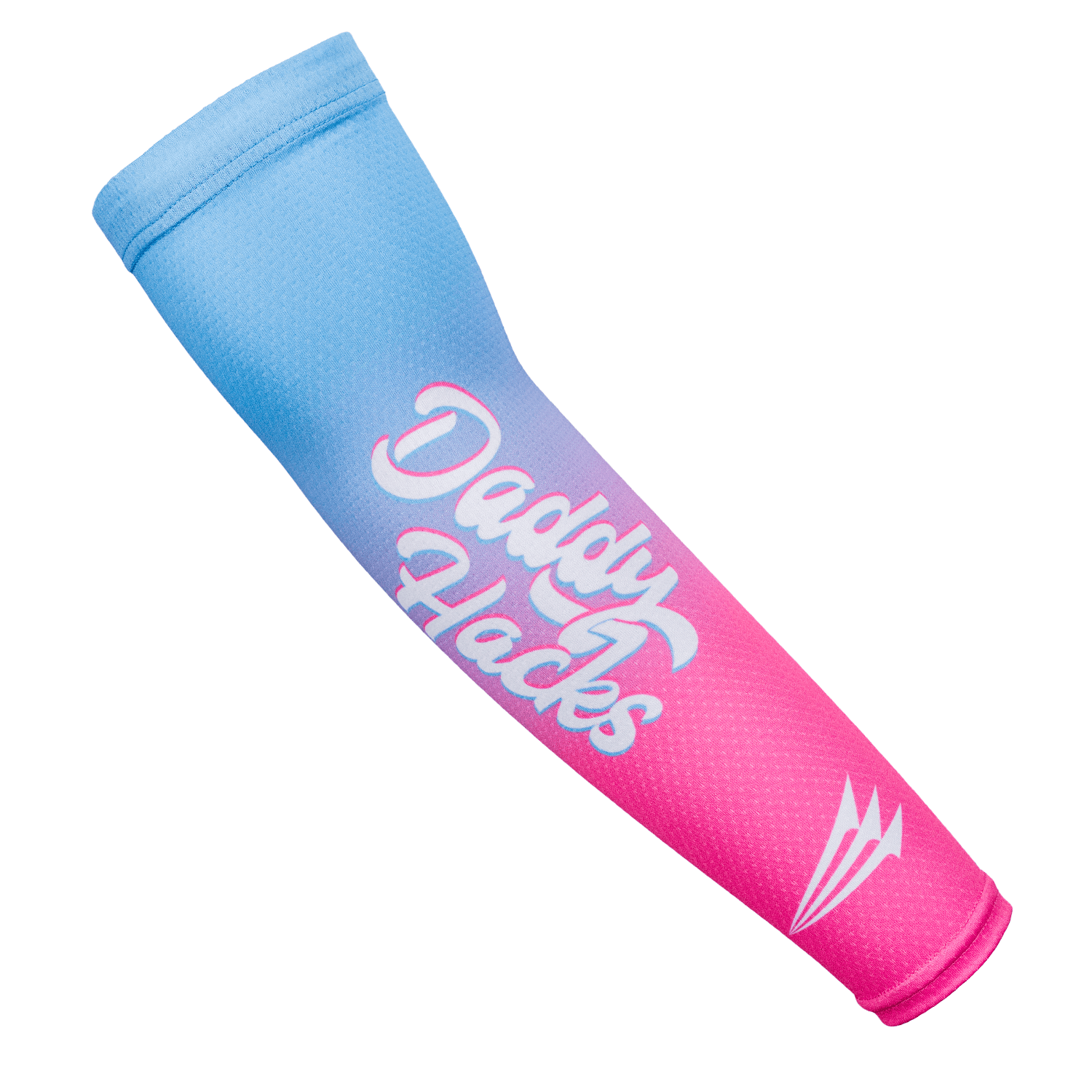 Pink and blue baseball arm sleeve with 'Daddy Hacks' text on a white background