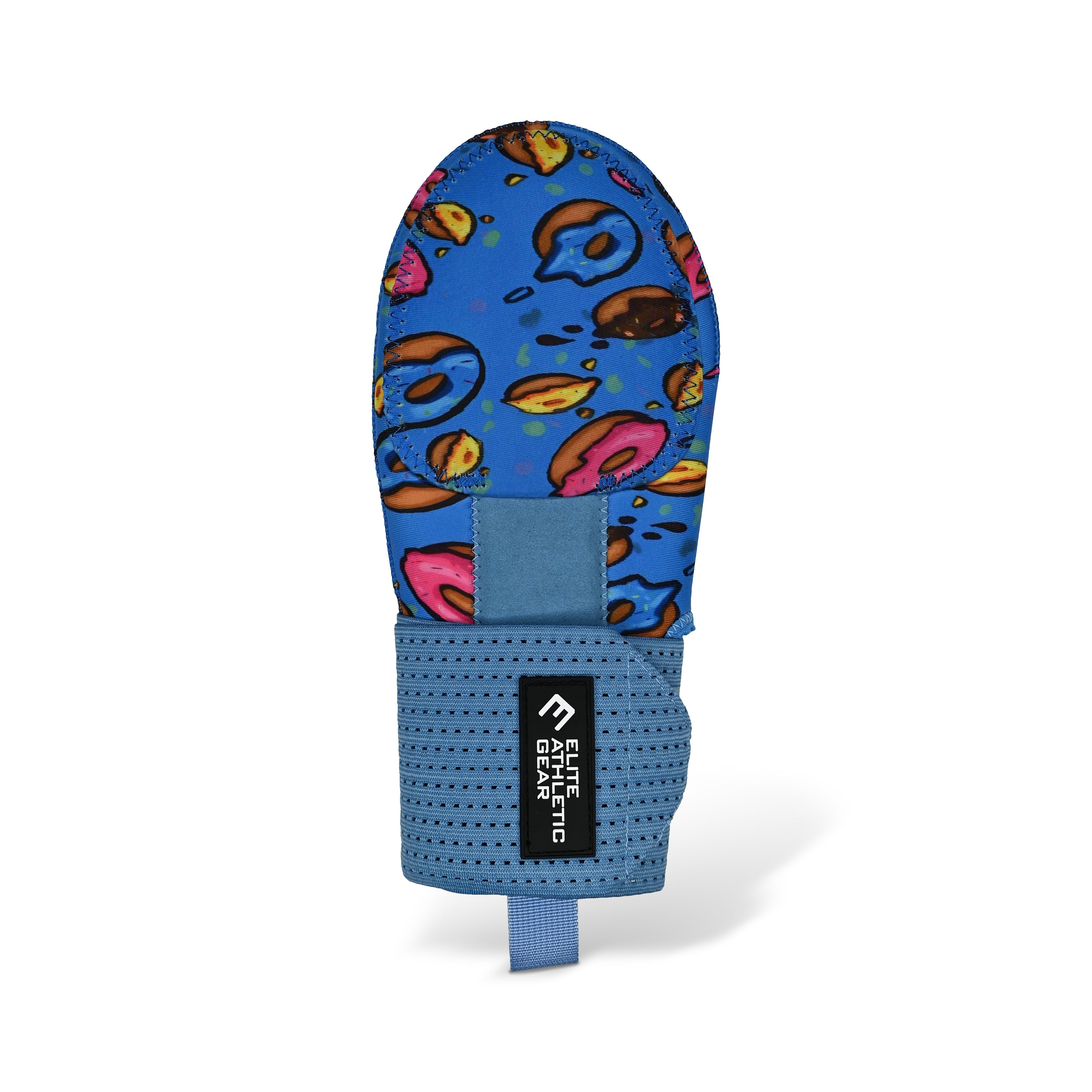 Collection of Blue athletic sliding mitt with colorful donut pattern on a white background in a gallery layout