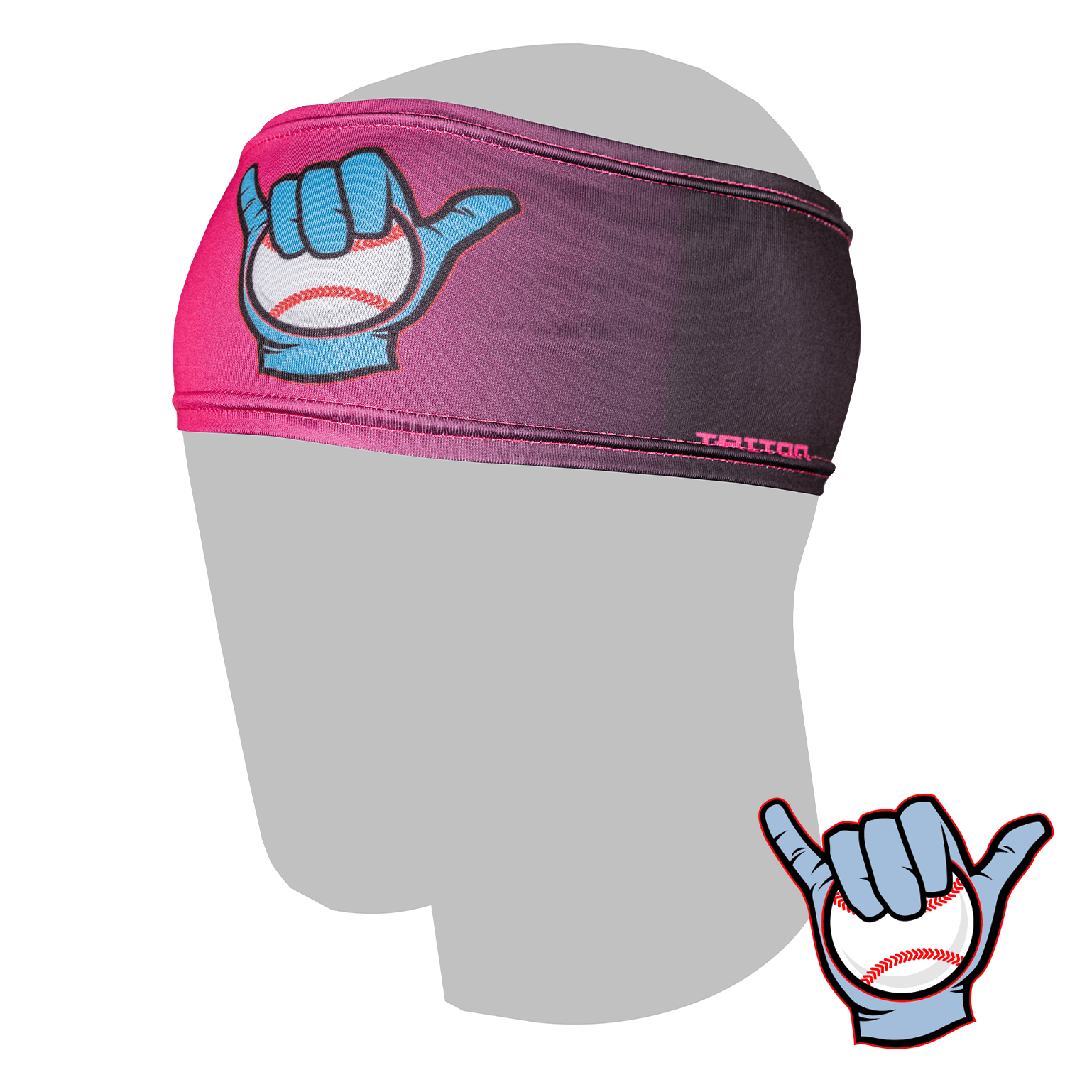Collection of Headband with a baseball-themed design on a mannequin head, featuring a pink band and blue hand gesture. in a gallery layout