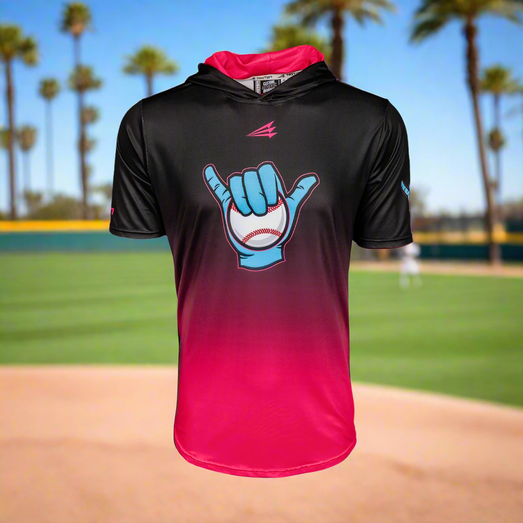 Collection of Black and pink baseball short sleeve hoodie with a graphic design on a baseball field in a gallery layout