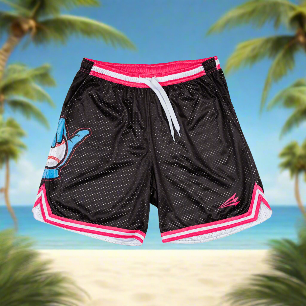 Collection of Black shorts with pink and white accents on a beach background with palm trees in a gallery layout