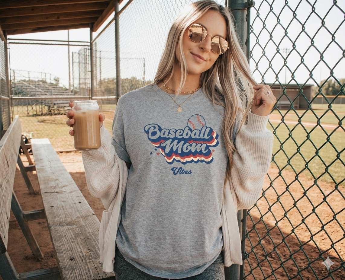 Collection of Woman wearing a 'Baseball Mom Vibes' shirt holding a drink outdoors. in a gallery layout