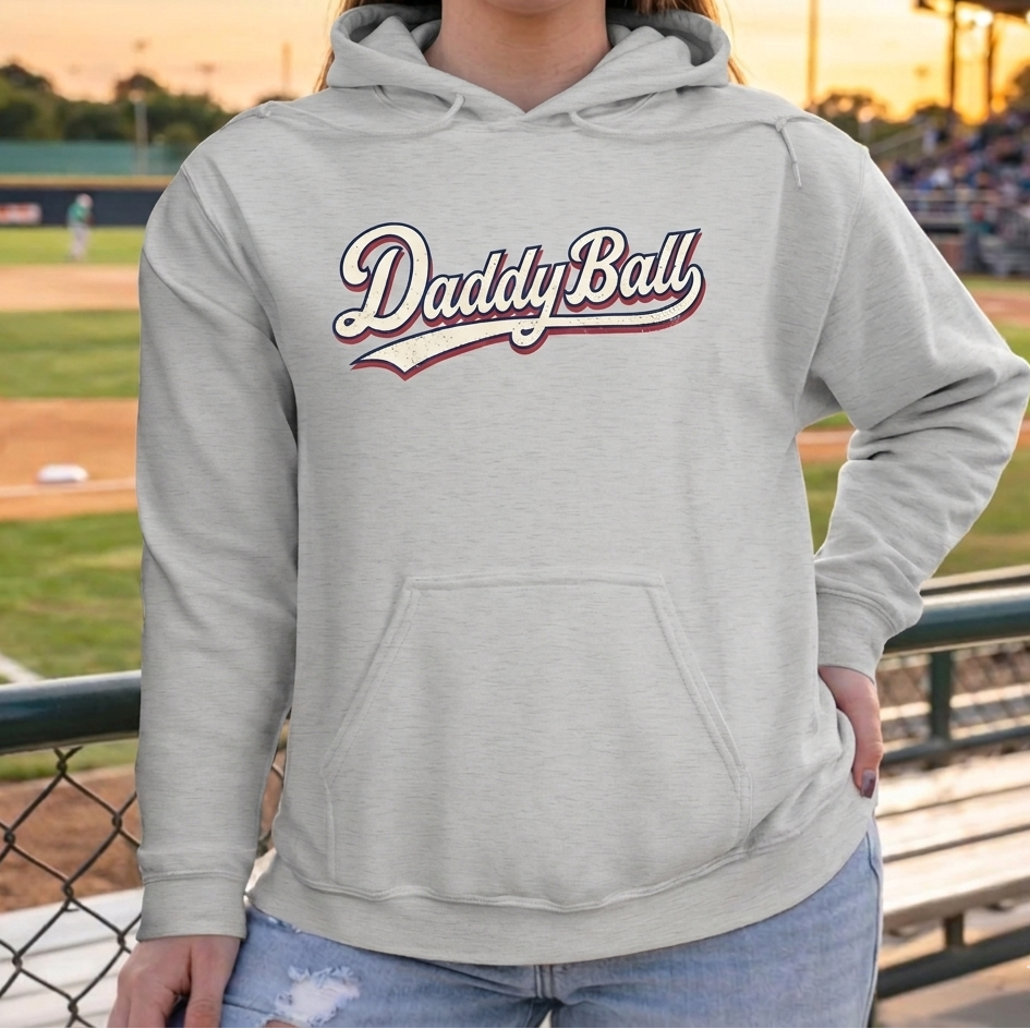 Person wearing a gray hoodie with 'Daddy Ball' text on a baseball field.