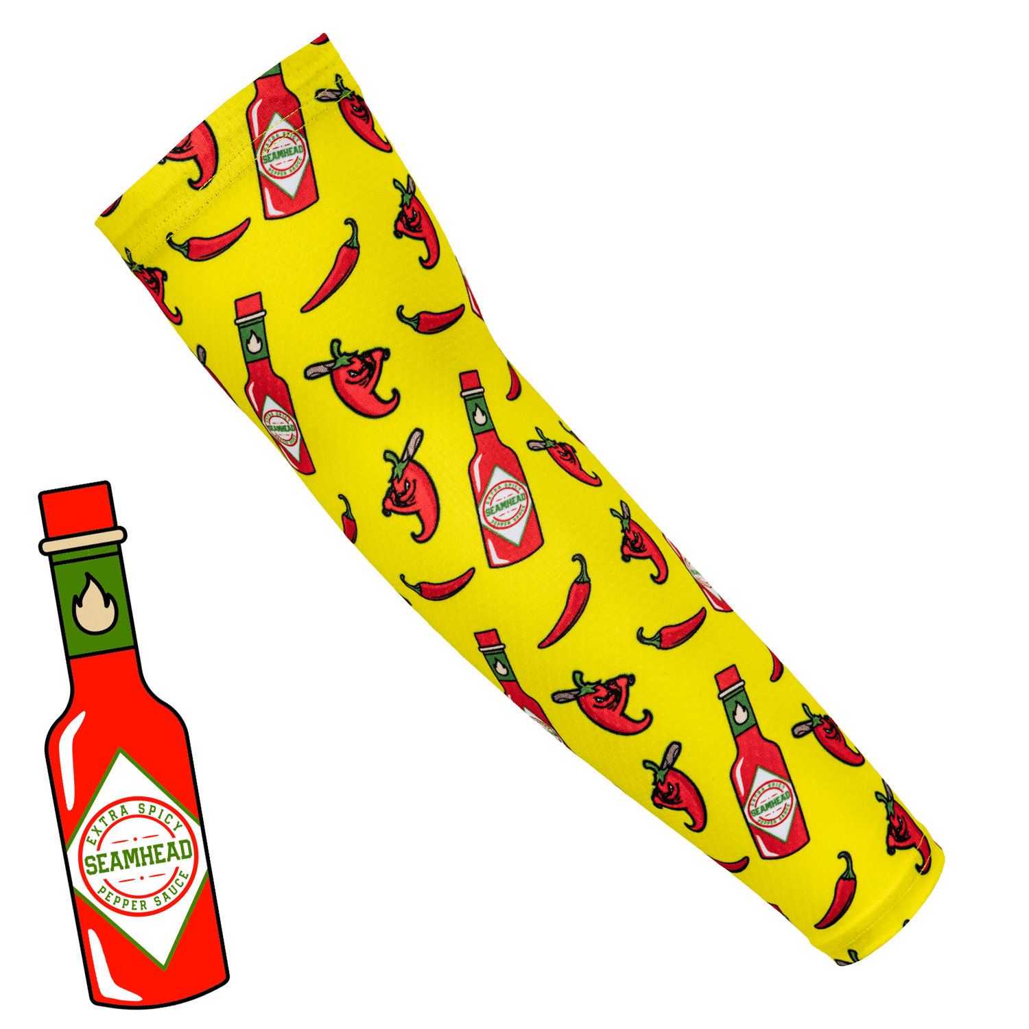Yellow baseball arm sleeve with hot sauce bottle and chili pepper pattern on a white background