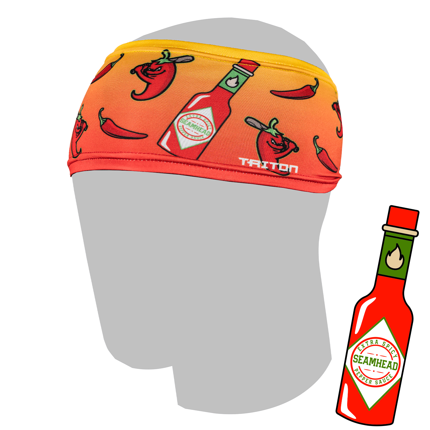 Collection of Headband with hot sauce and chili pepper design on a mannequin head, with a separate hot sauce bottle illustration. in a gallery layout