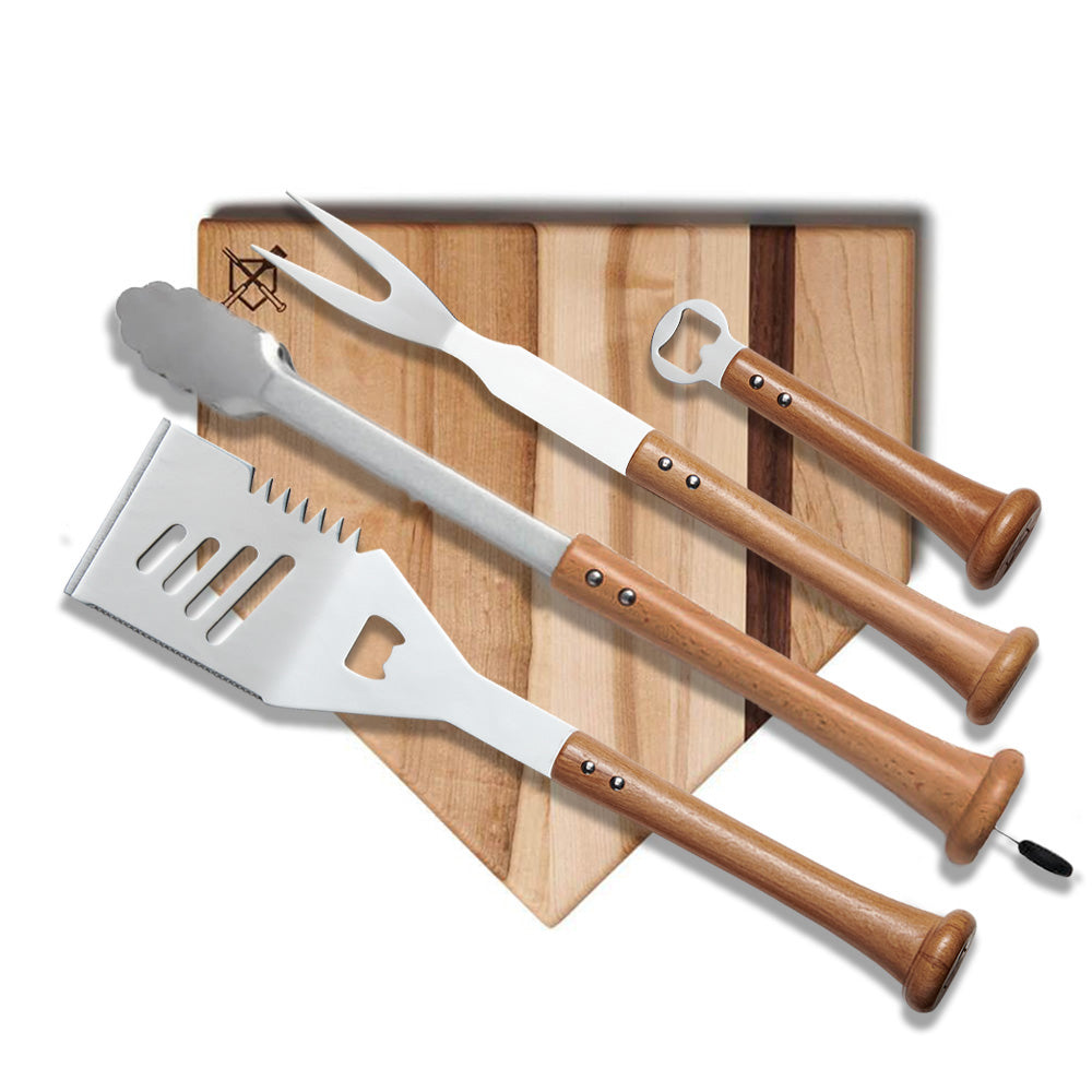 Collection of baseball themed set of bbq tools. Wooden bat handles. in a gallery layout