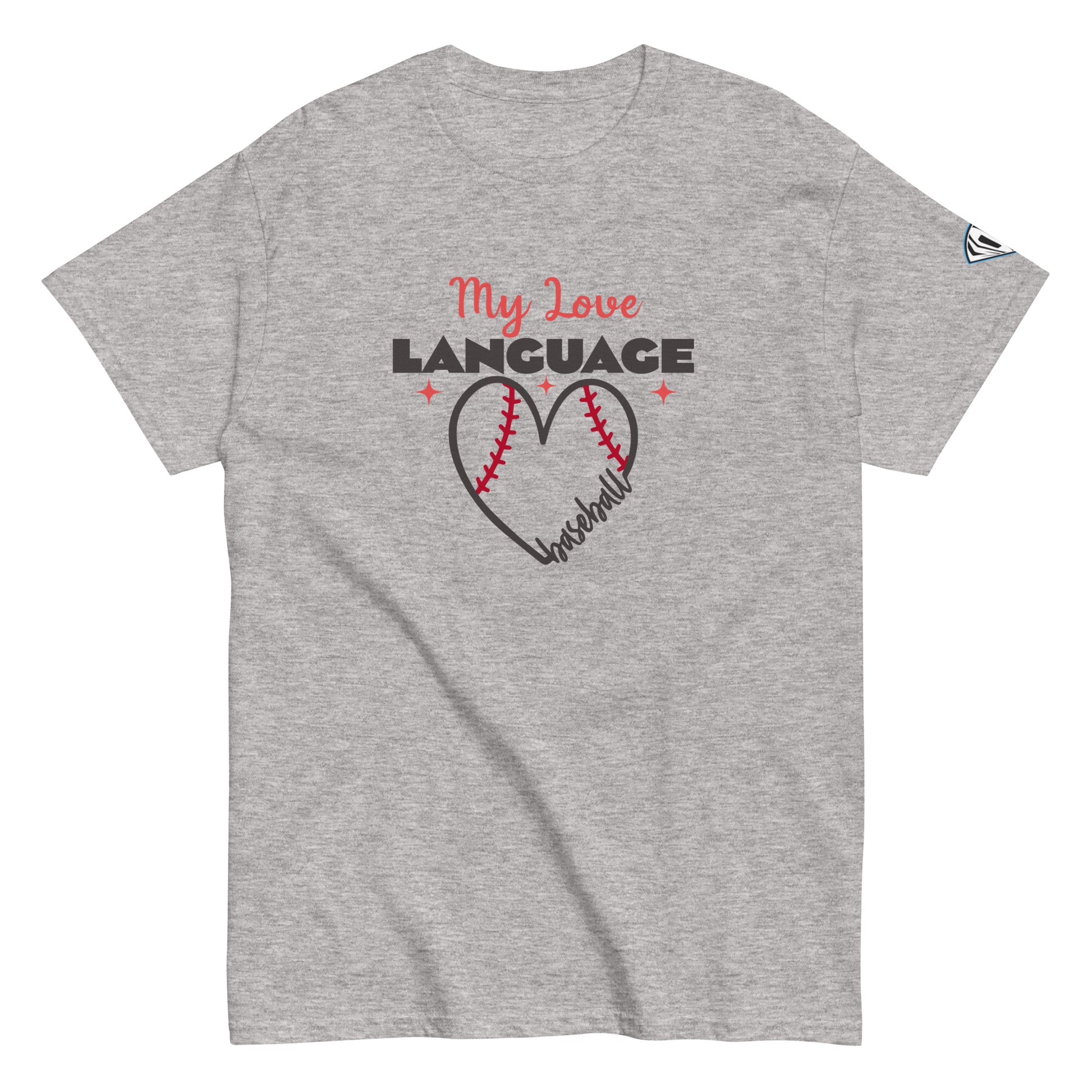 Gray Heart script baseball mom tee shirt with 'My Love Language' text and heart-shaped baseball stitching design