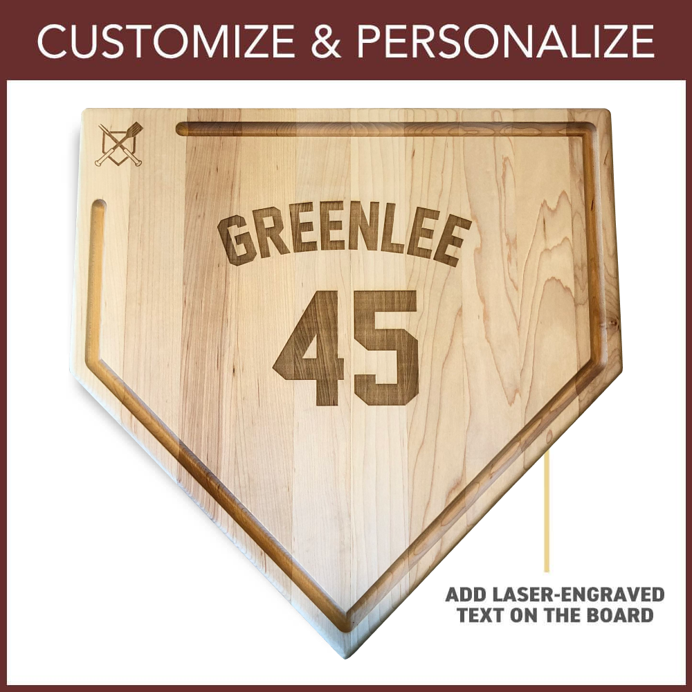 Wooden home plate-shaped board with 'GREENLEE 45' engraving, customizable text option.