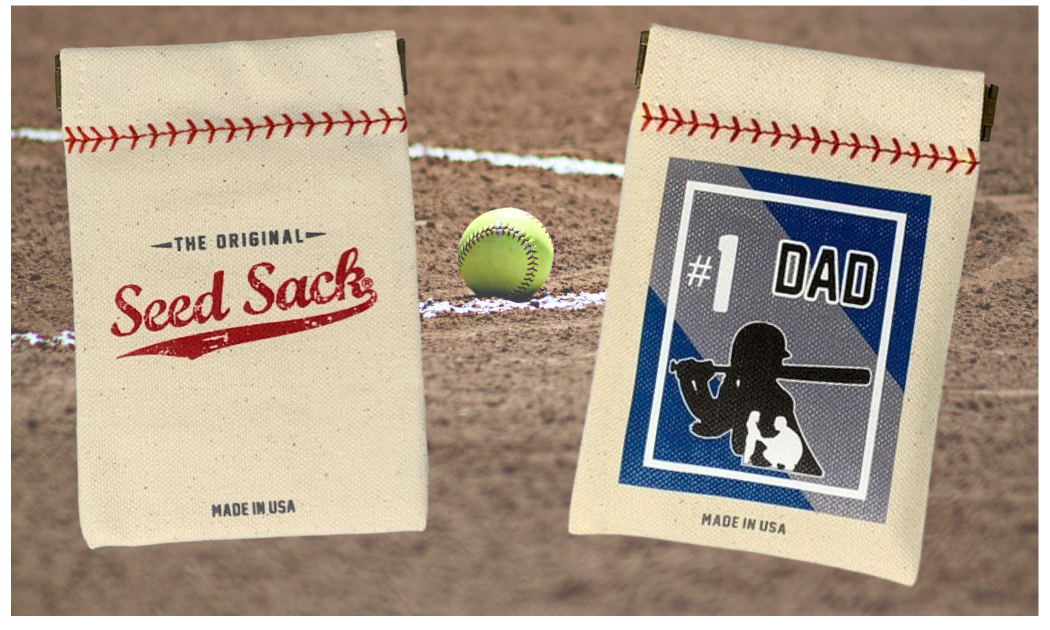 Two seed sacks with baseball-themed designs on a baseball field background.