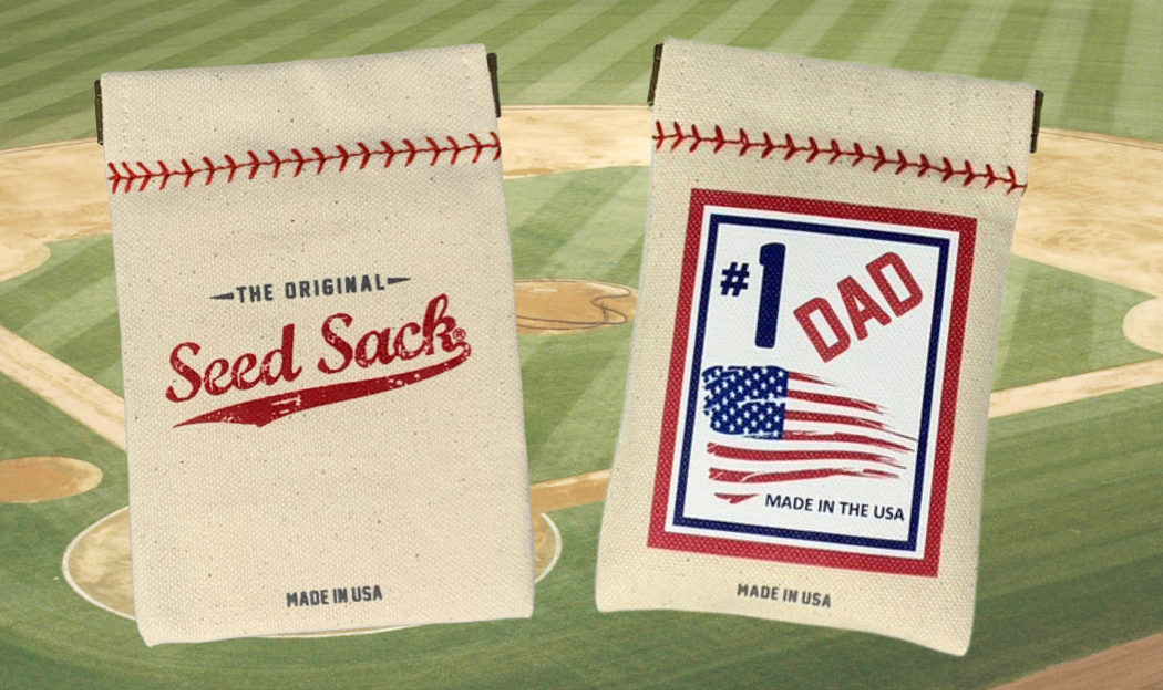 Collection of Two seed sacks with baseball-themed designs on a baseball field background in a gallery layout