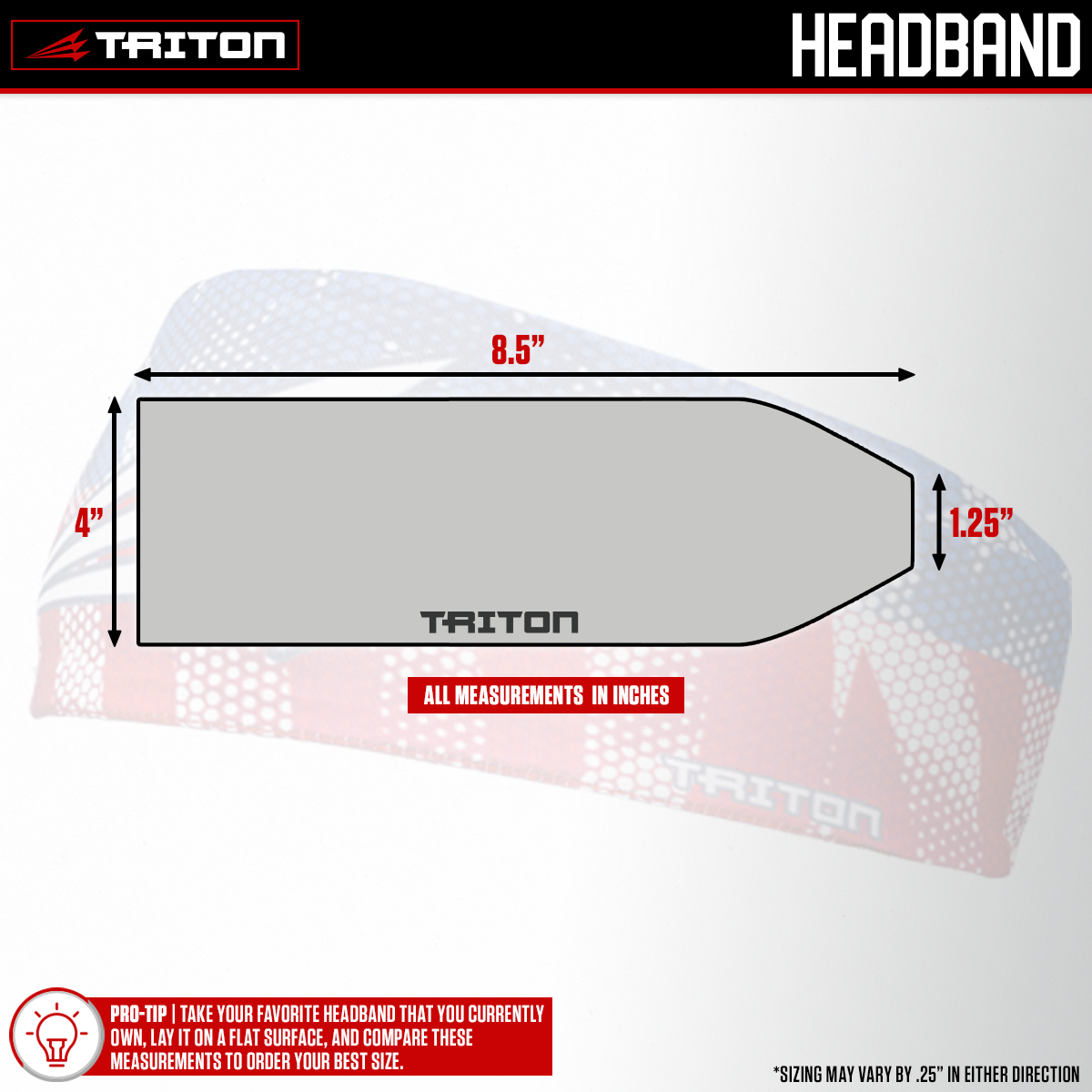 Collection of Triton headband with measurements on a white background in a gallery layout