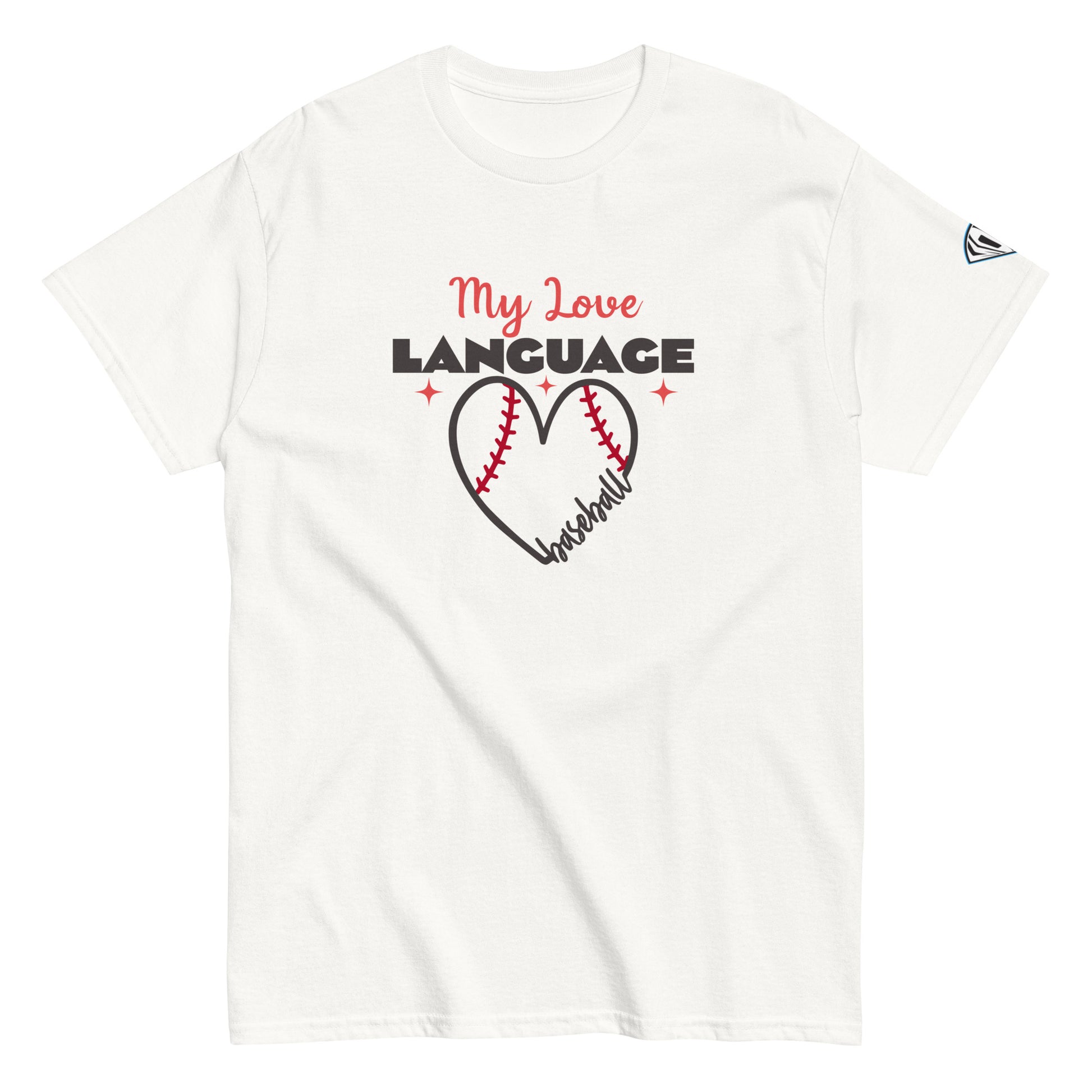Heart script baseball mom tee shirt with 'My Love Language' text and heart-shaped baseball stitching design