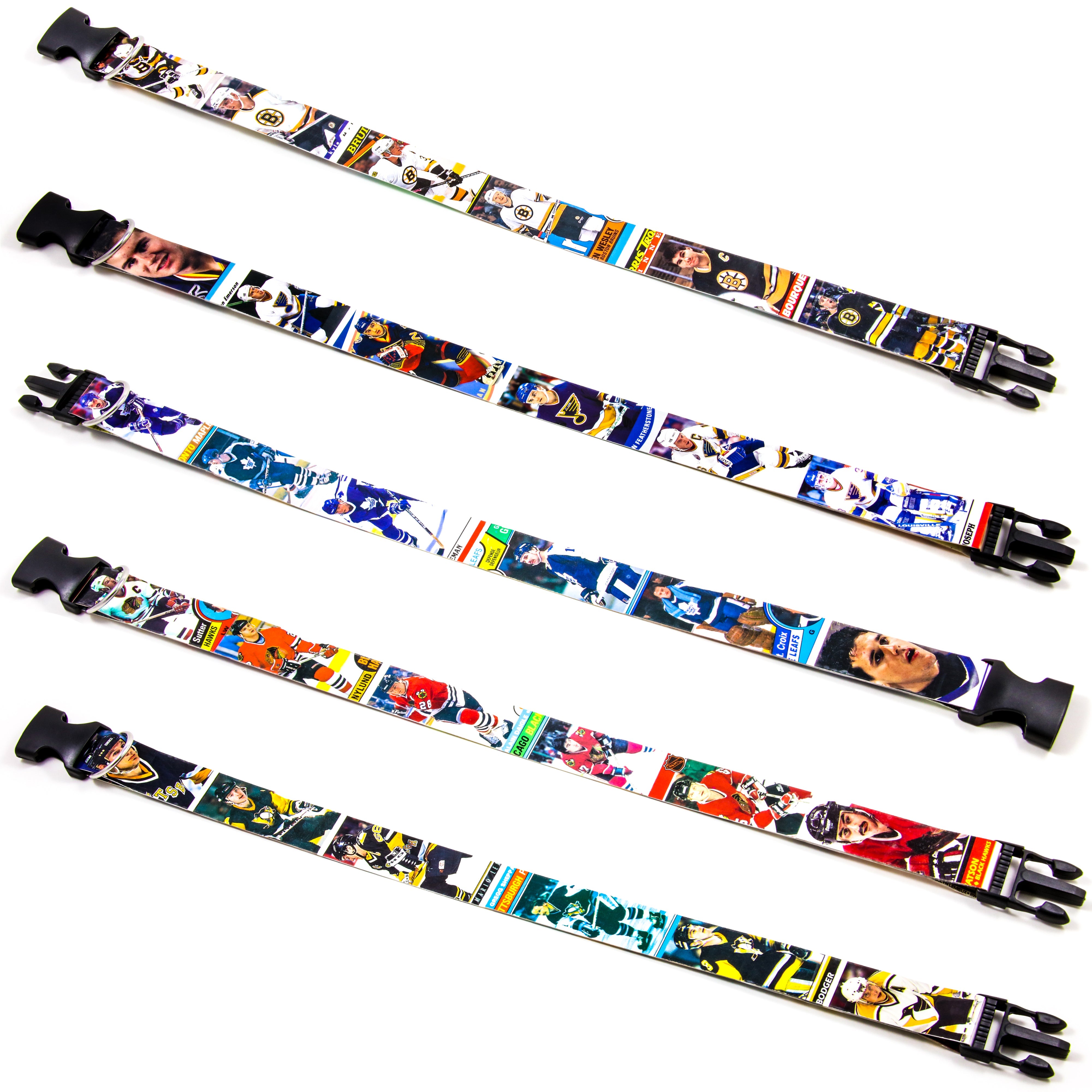 Collection of hockey card dog collars in a gallery layout