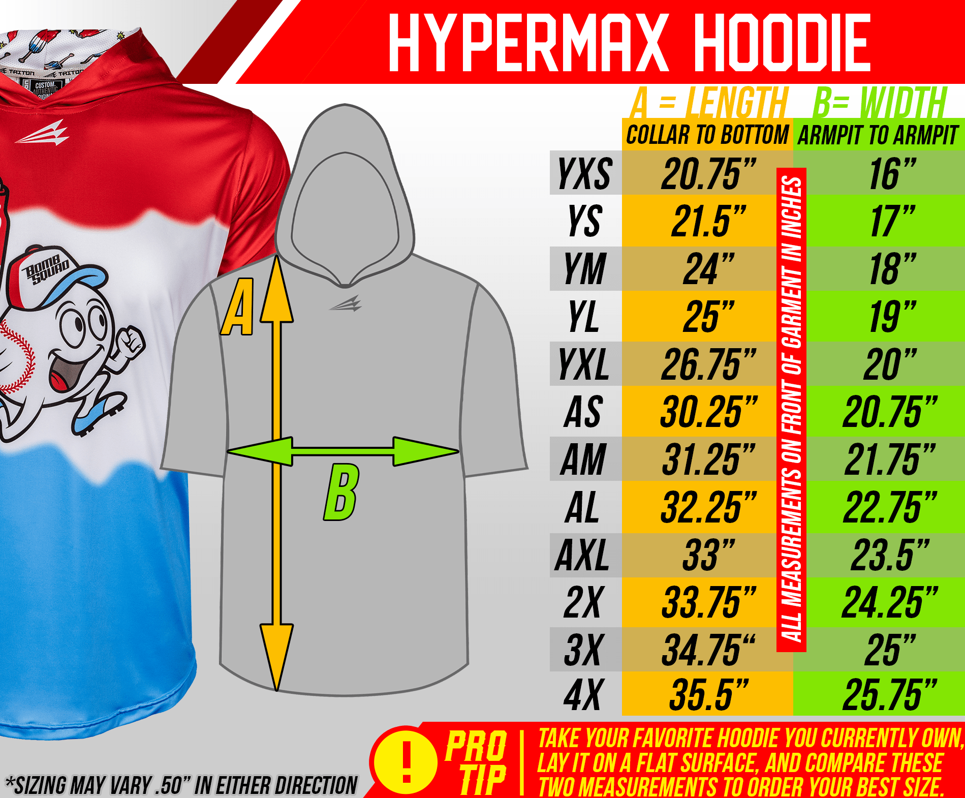 Collection of Size chart for Hypermax hoodie with measurements and pro tip on a colorful background in a gallery layout
