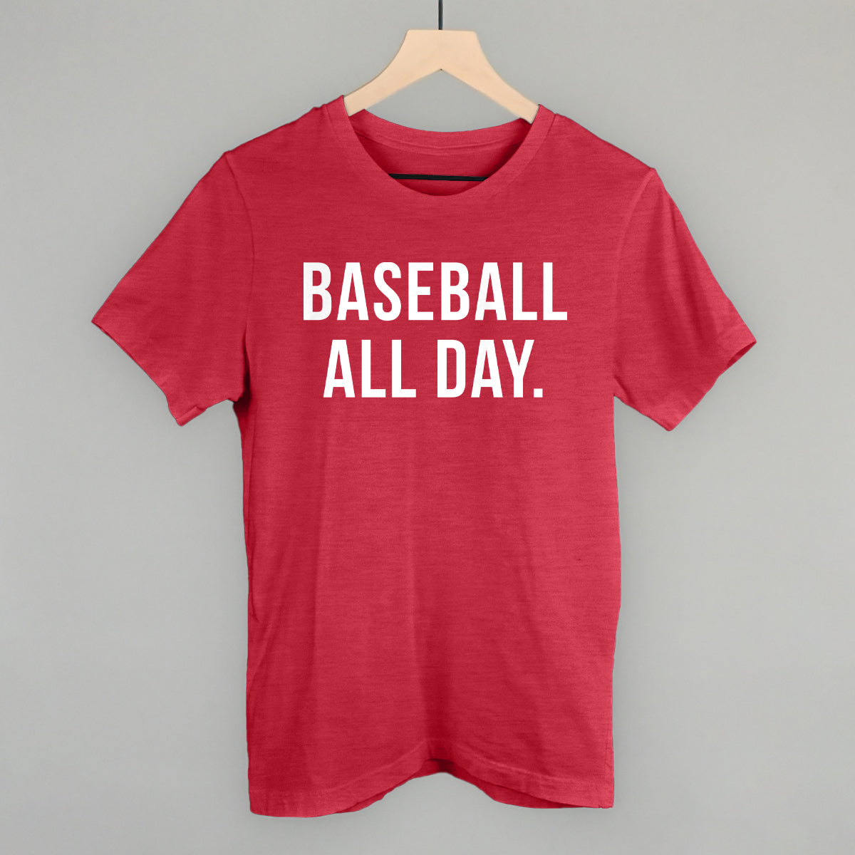 Collection of Red t-shirt with 'BASEBALL ALL DAY.' text on a gray background in a gallery layout