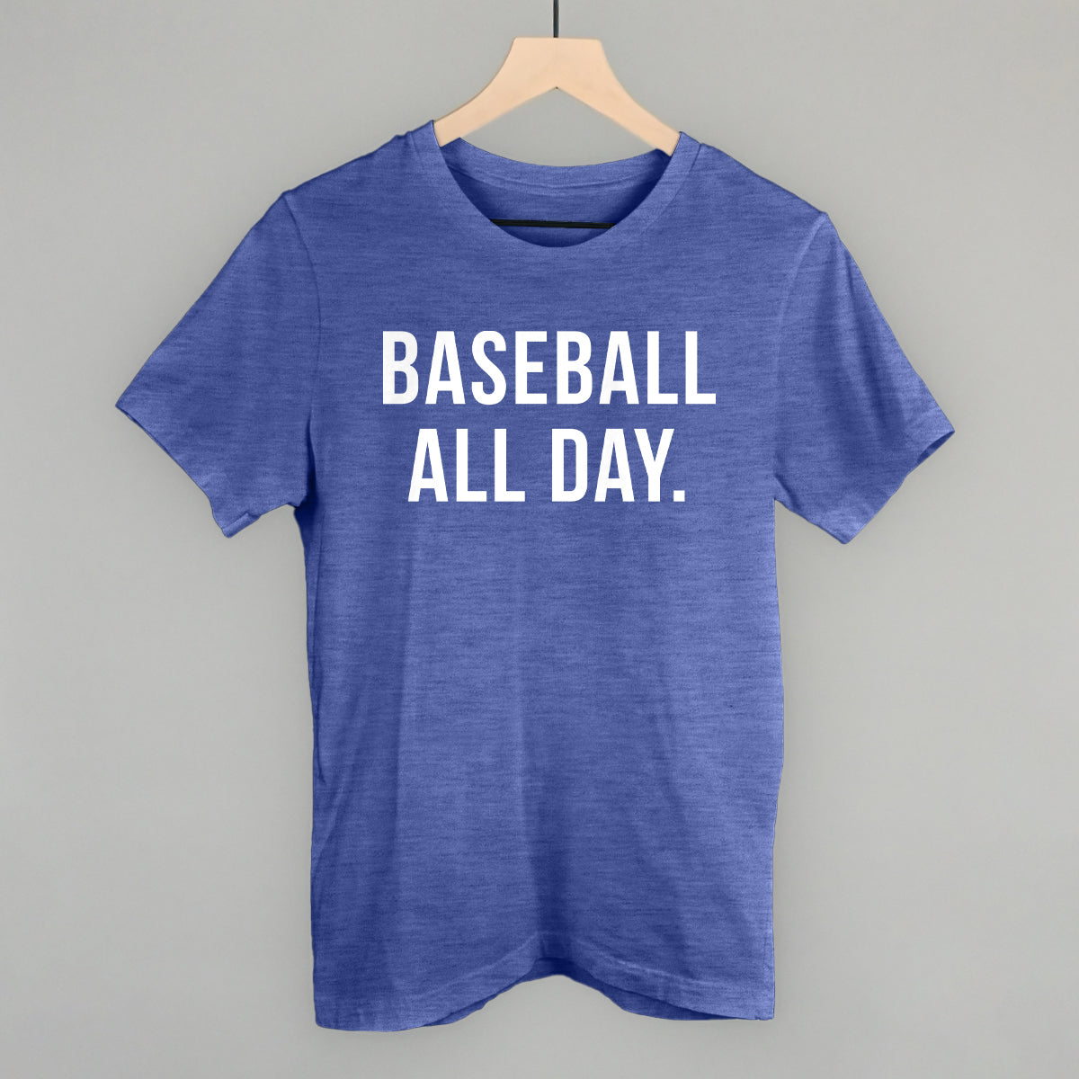 Collection of Blue t-shirt with 'BASEBALL ALL DAY.' text on a gray background in a gallery layout
