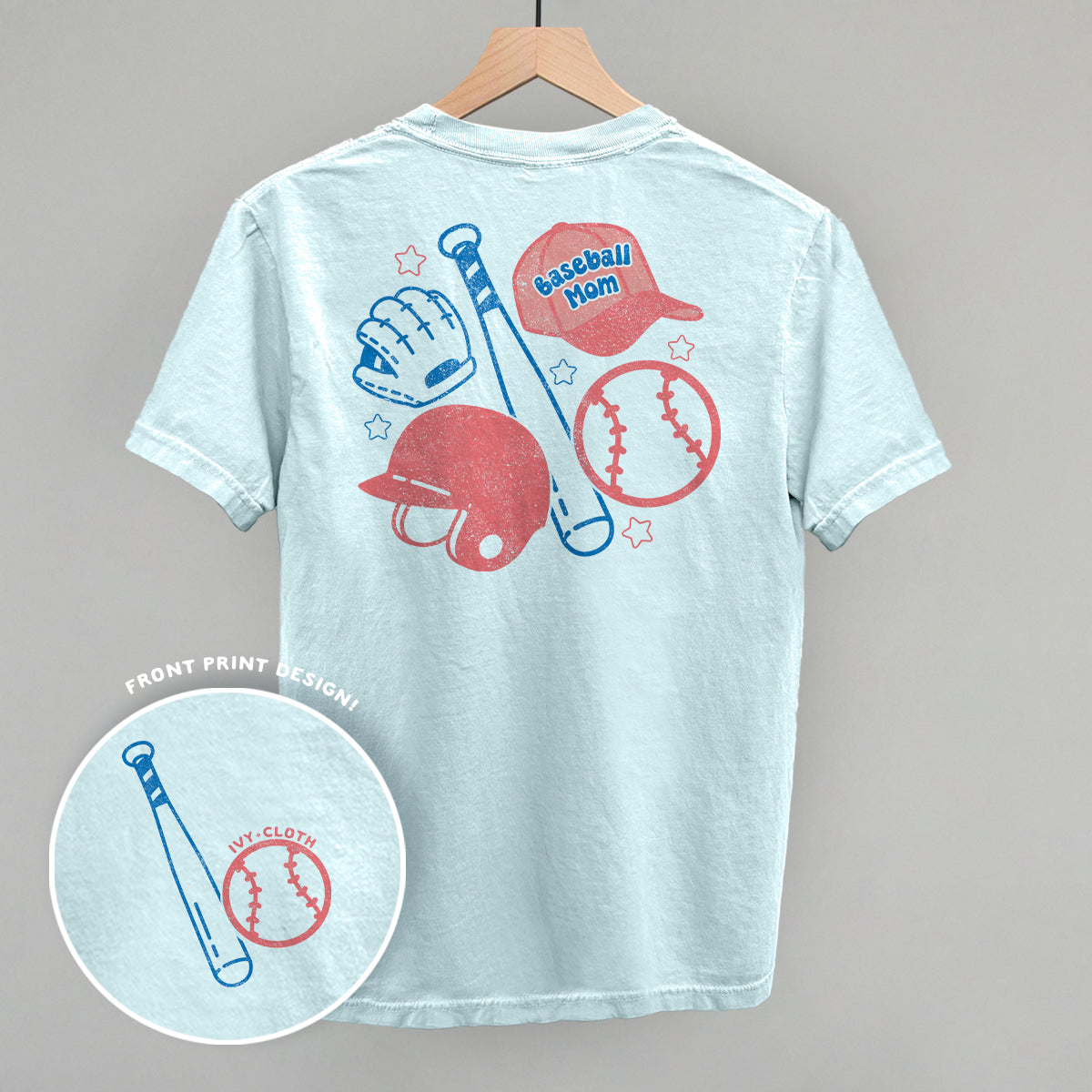 Collection of Light blue t-shirt with baseball mom-themed graphics on a gray background in a gallery layout
