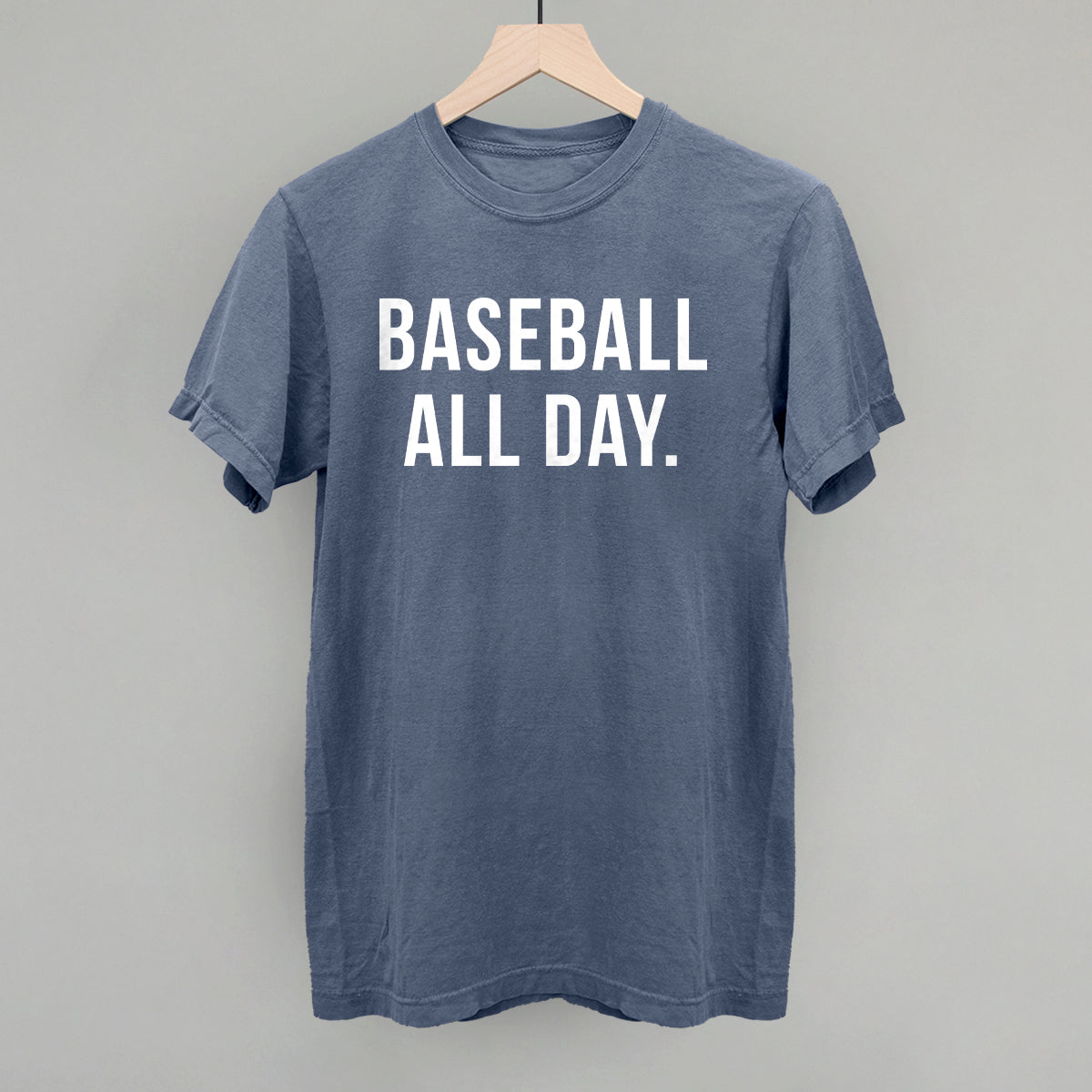 Collection of Blue t-shirt with 'BASEBALL ALL DAY.' text on a gray background in a gallery layout