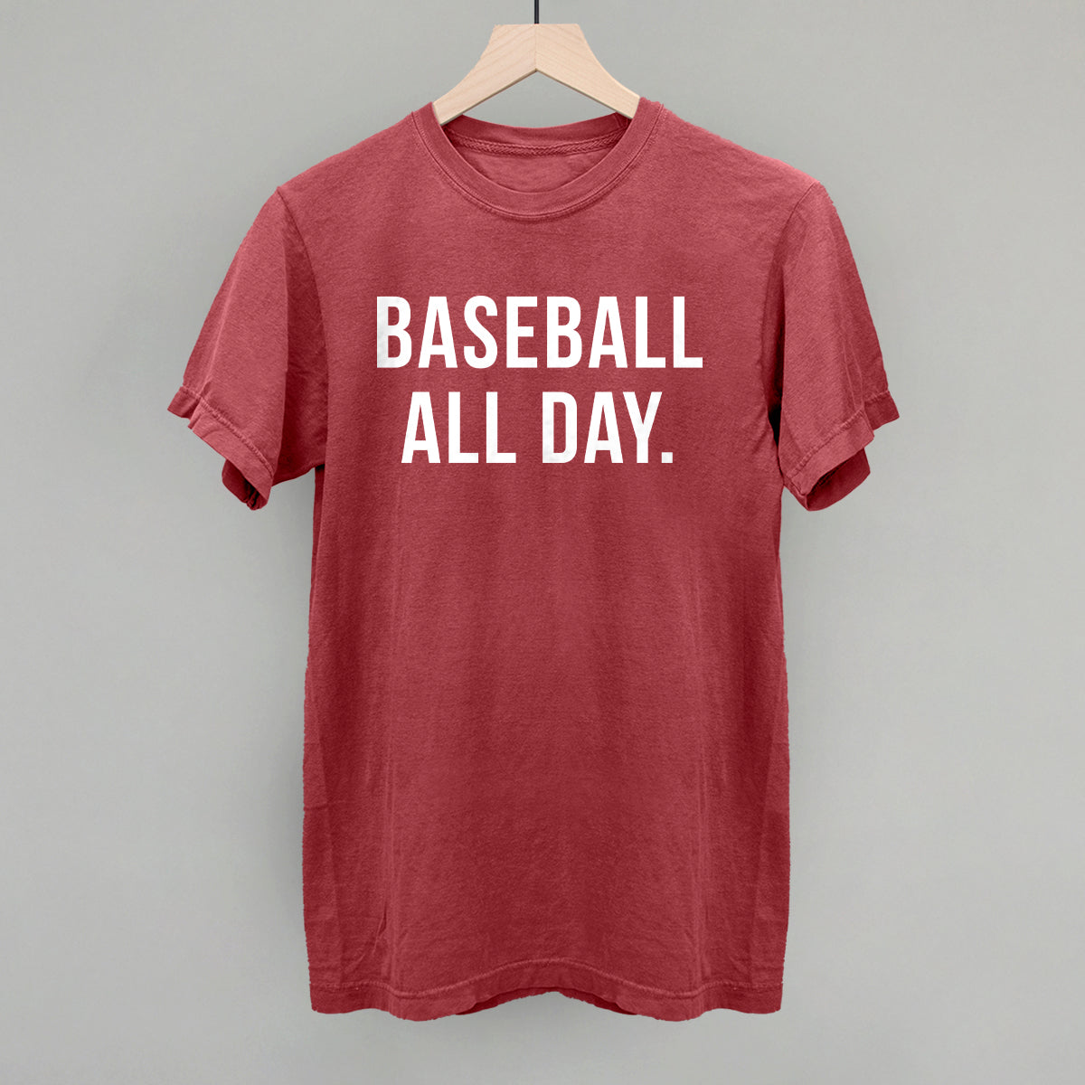 Collection of Red t-shirt with 'BASEBALL ALL DAY.' text on a gray background in a gallery layout