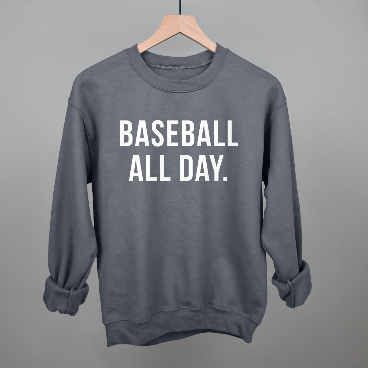 Collection of Gray sweatshirt with 'BASEBALL ALL DAY.' text on a gray background in a gallery layout
