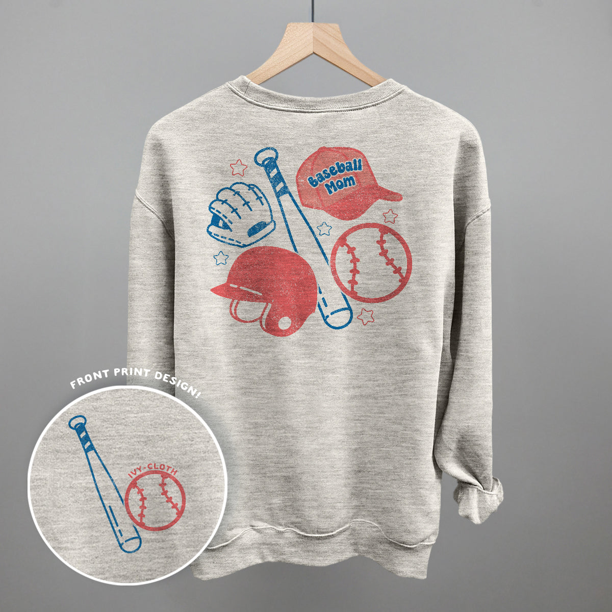 Collection of Gray sweatshirt with baseball mom-themed graphics on a hanger against a gray background in a gallery layout