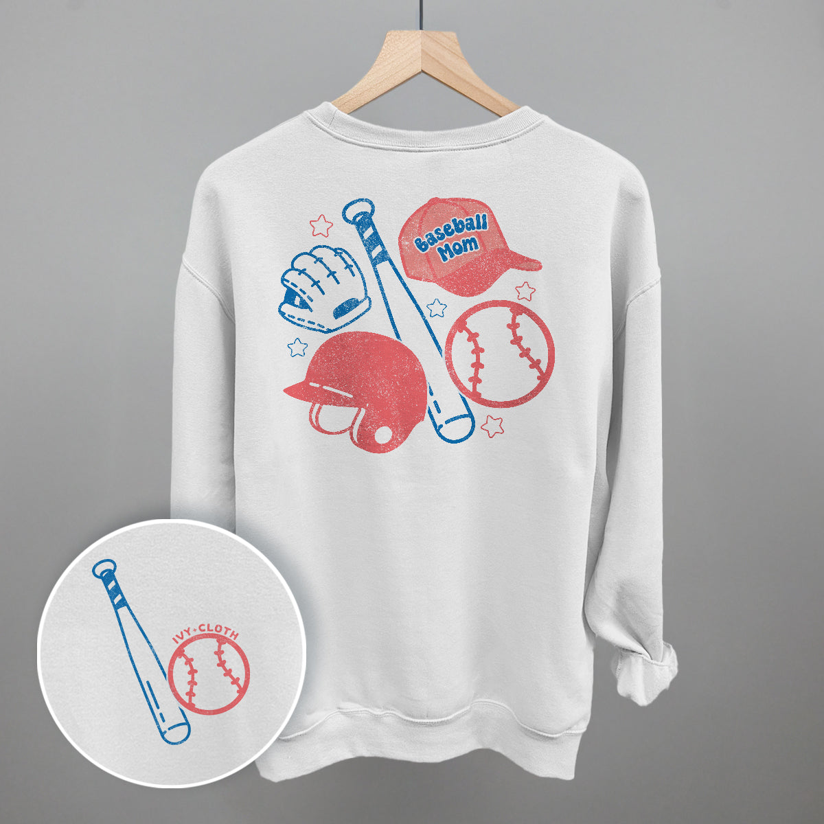 Collection of White sweatshirt with baseball mom-themed graphics on a gray background in a gallery layout