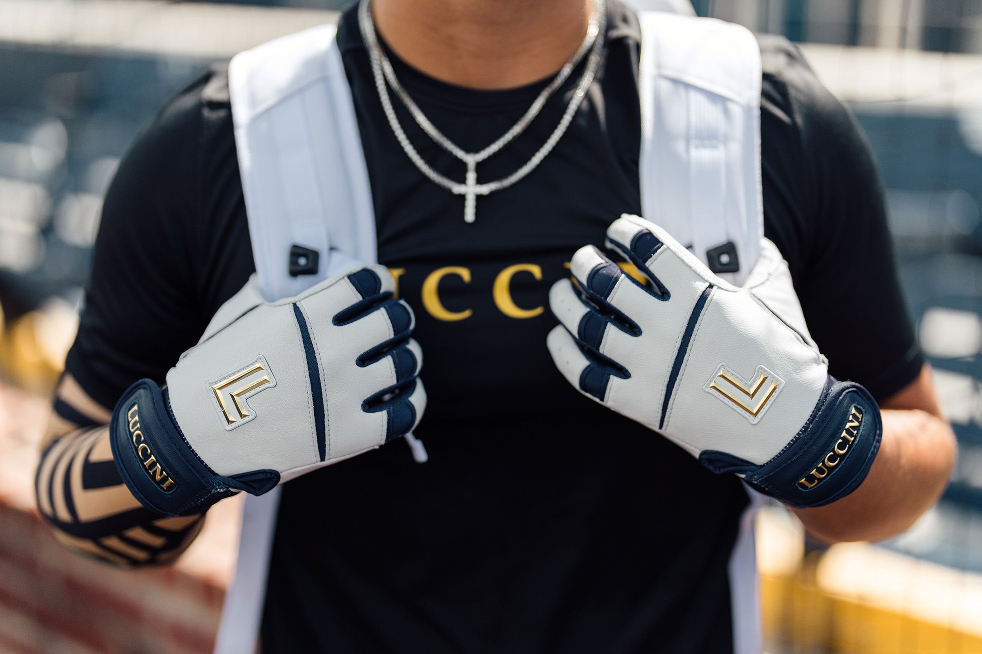 Collection of Person wearing white gloves with blue accents and 'LCC' branding, holding hands together. in a gallery layout
