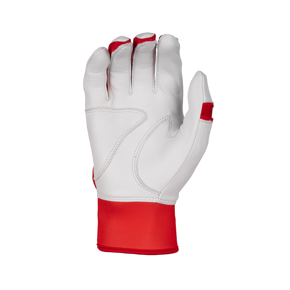White Luccini batting glove with red accents on a white background